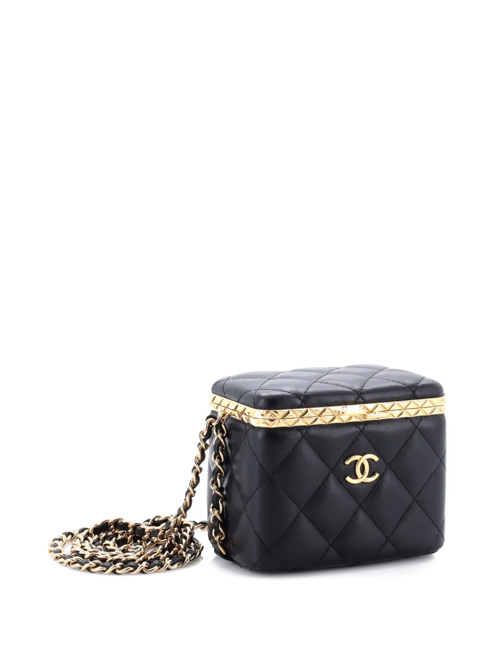 Pre-owned Chanel Lock Frame Vanity Case With Chain Quilted Lambskin Small Clutch Bag In Black