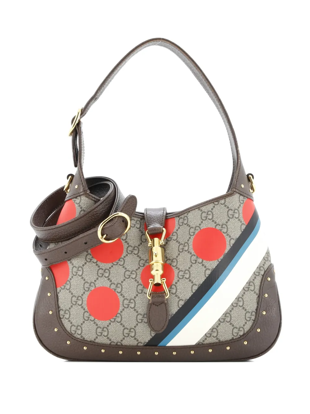 Pre-owned Gucci Jackie 1961 Studded Printed Gg Coated Canvas Small Hobo Bag In Brown