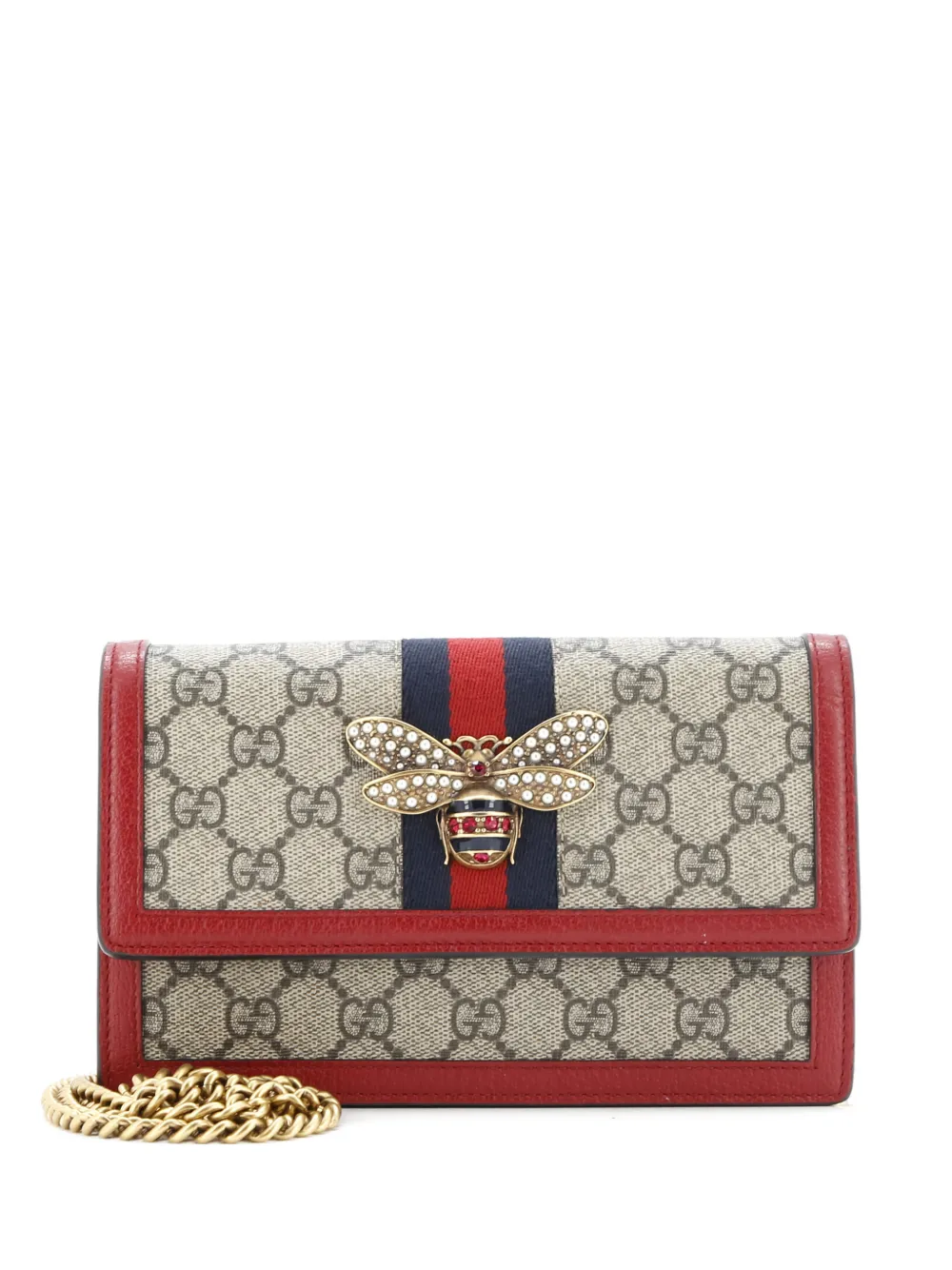 Pre-owned Gucci Queen Margaret Chain Wallet Gg Coated Canvas Mini Crossbody Bag In Brown