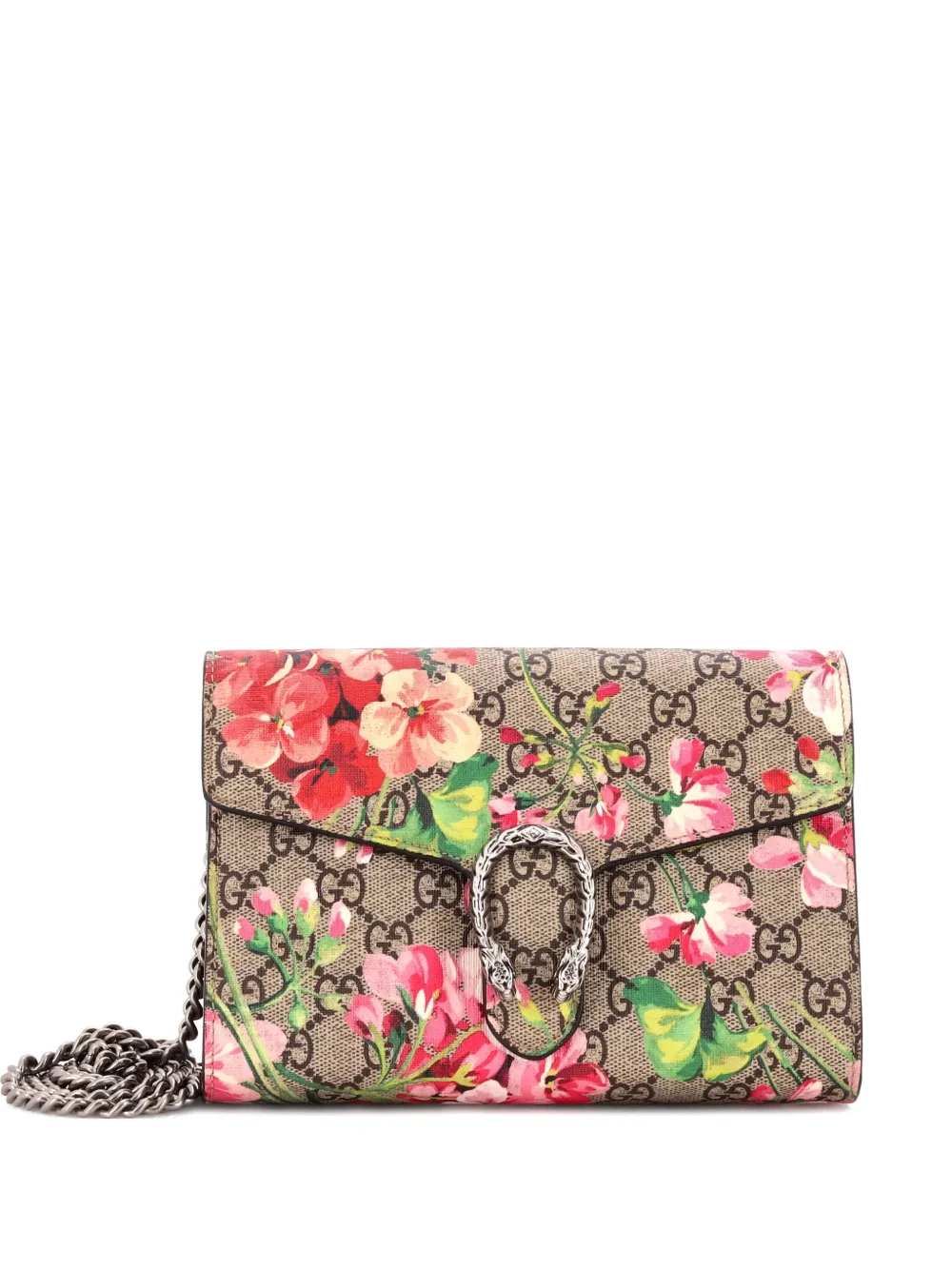 Pre-owned Gucci Dionysus Chain Wallet Blooms Print Gg Coated Canvas Small Crossbody Bag In Brown