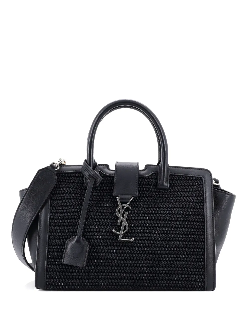 Pre-owned Saint Laurent Monogram Cabas Downtown Raffia And Leather Baby Tote Bag In Black