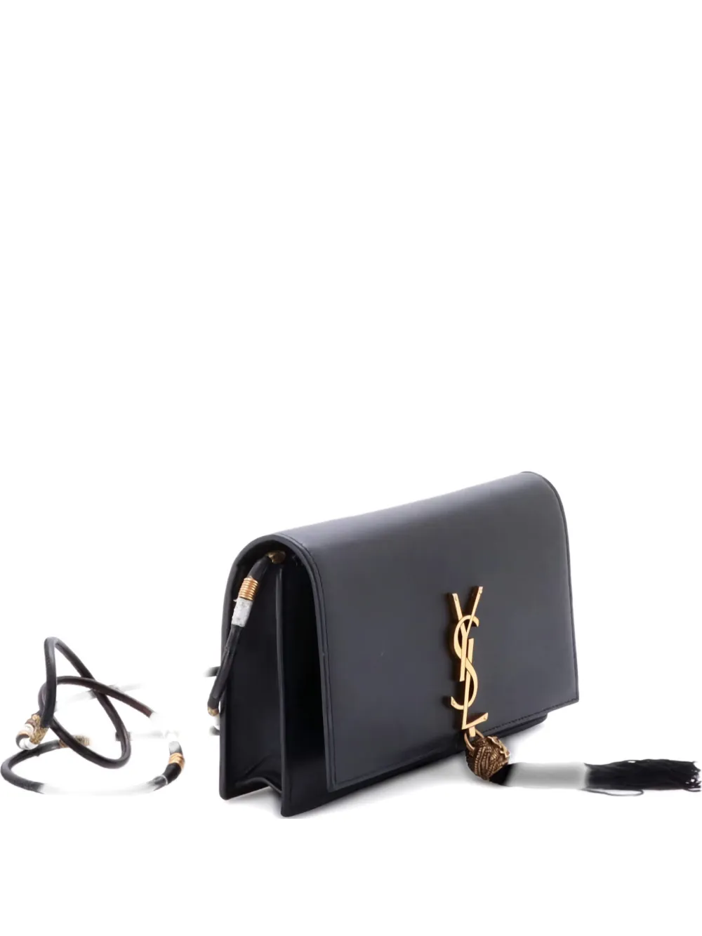 Pre-owned Saint Laurent Classic Monogram Tassel Leather Small Crossbody Bag In Black