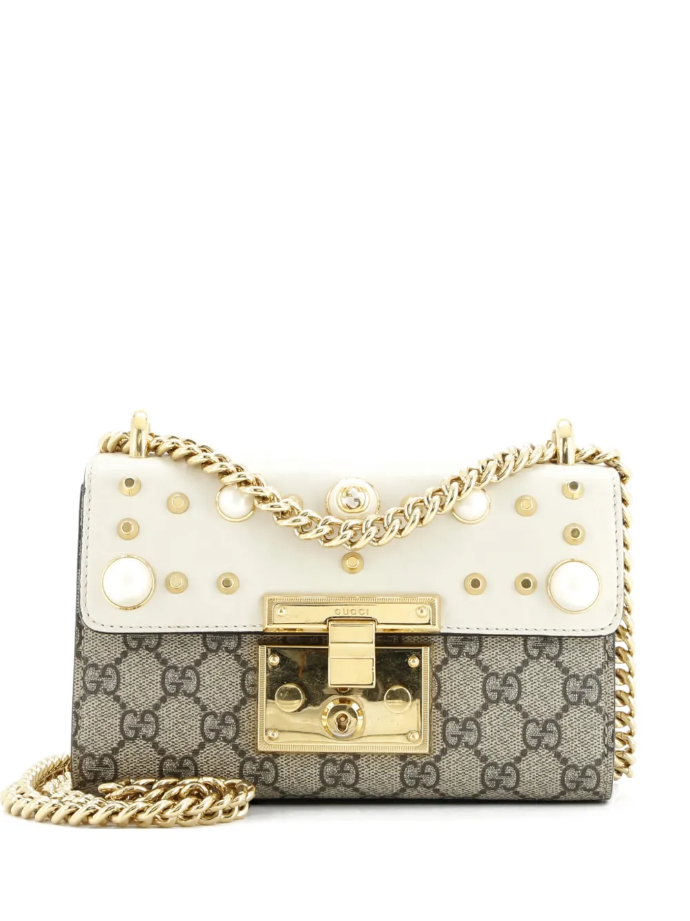 Pre-owned Gucci Pearly Padlock Shoulder Bag Gg Coated Canvas With Studded Leather Small Crossbody Bag In Neutral