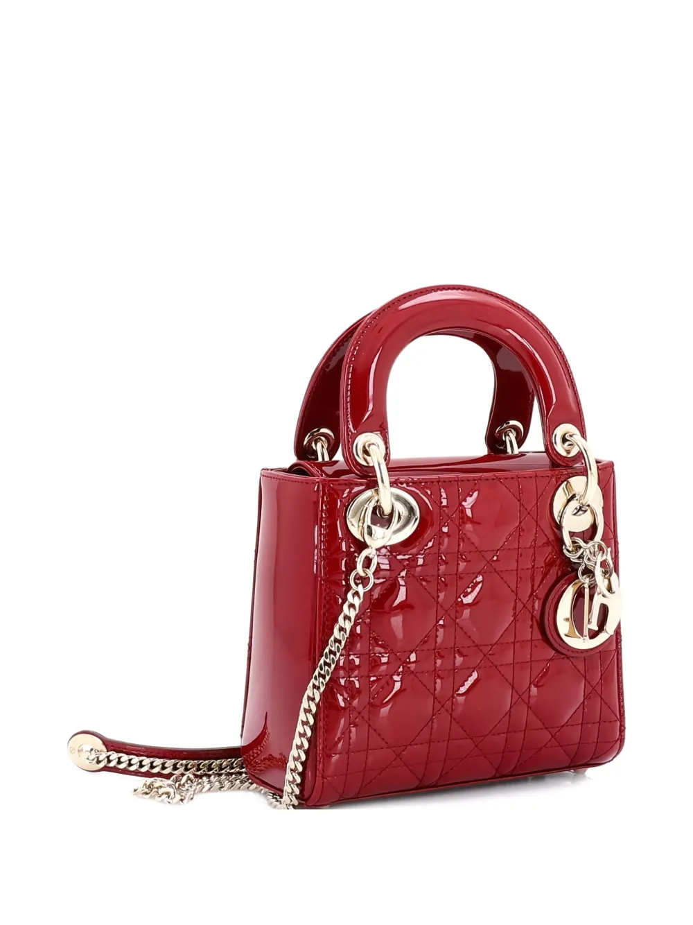 Pre-owned Dior Lady  Chain Bag Cannage Quilt Patent Mini Satchel In Red
