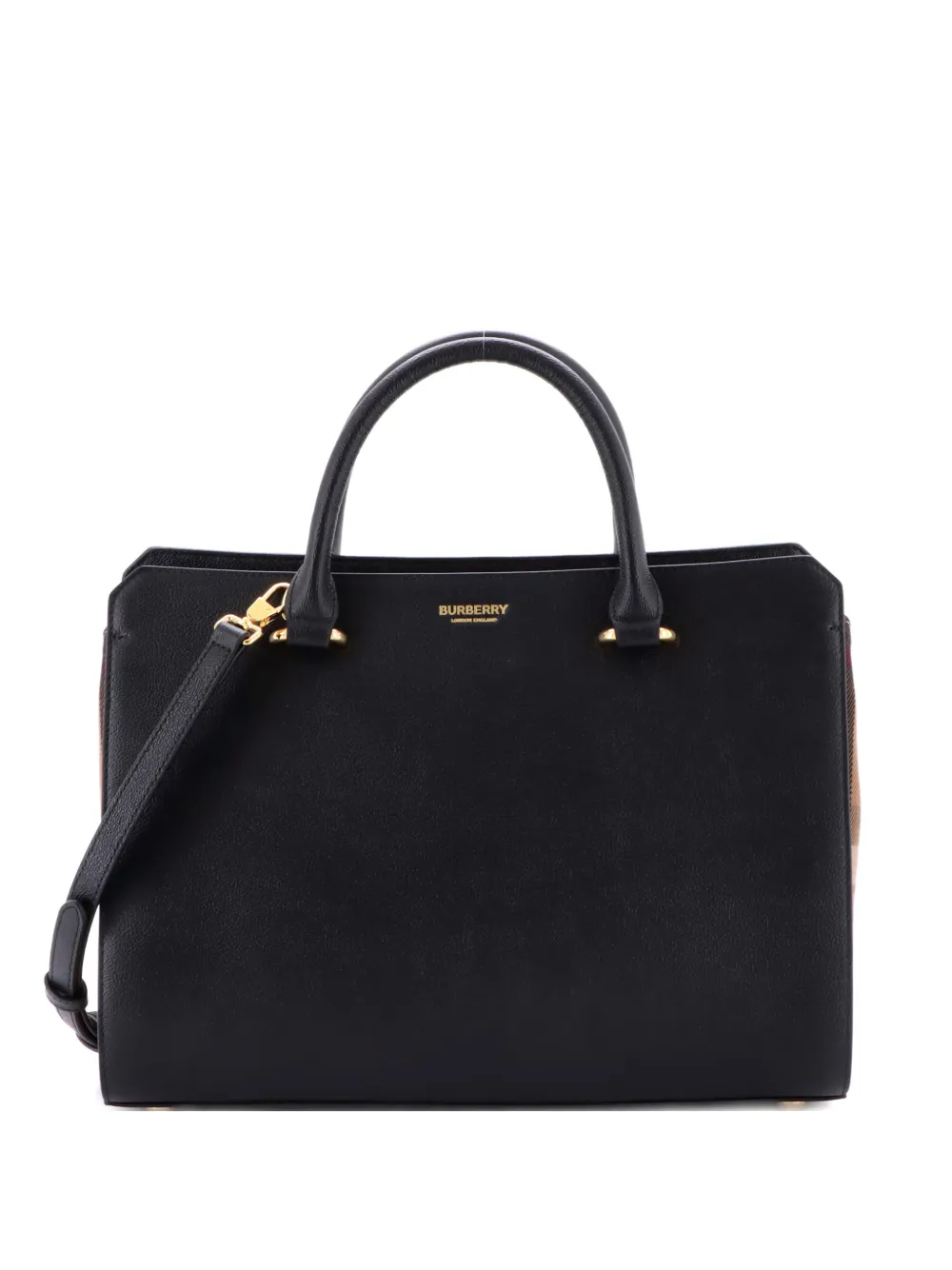 Pre-owned Burberry Banwell Leather And House Check Canvas Small Tote Bag In Black