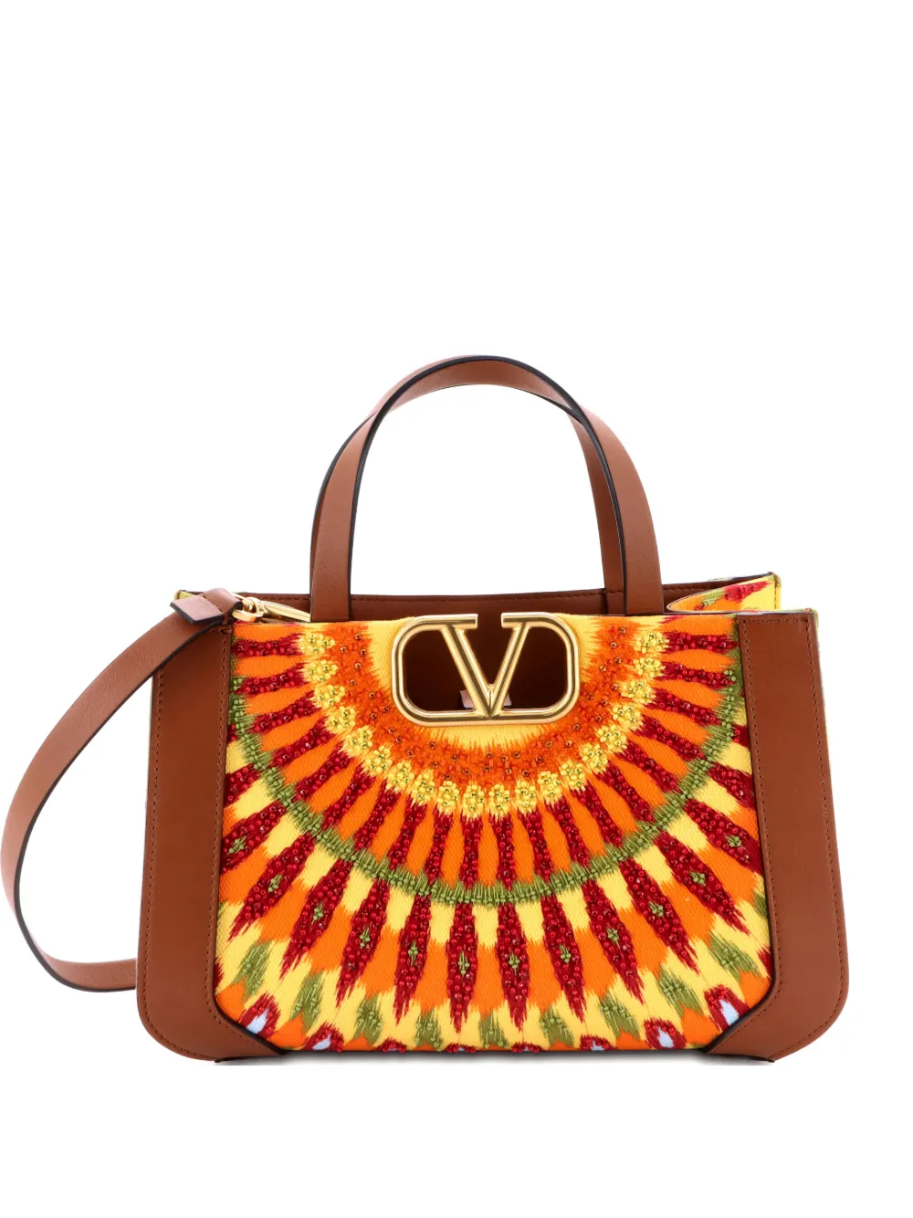 Pre-owned Valentino Garavani Vlogo Shopper Bead Embellished Leather Medium Tote Bag In Brown