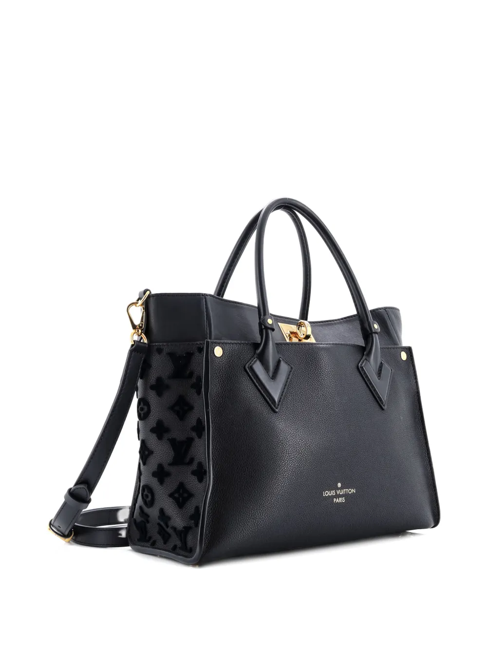 Pre-owned Louis Vuitton On My Side Monogram Tuffetage Leather Mm Tote Bag In Black