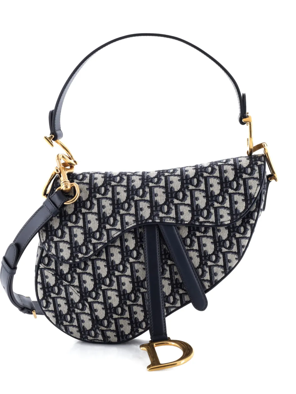 Pre-owned Dior Saddle Handbag With Strap Oblique Canvas Medium Shoulder Bag In Blue