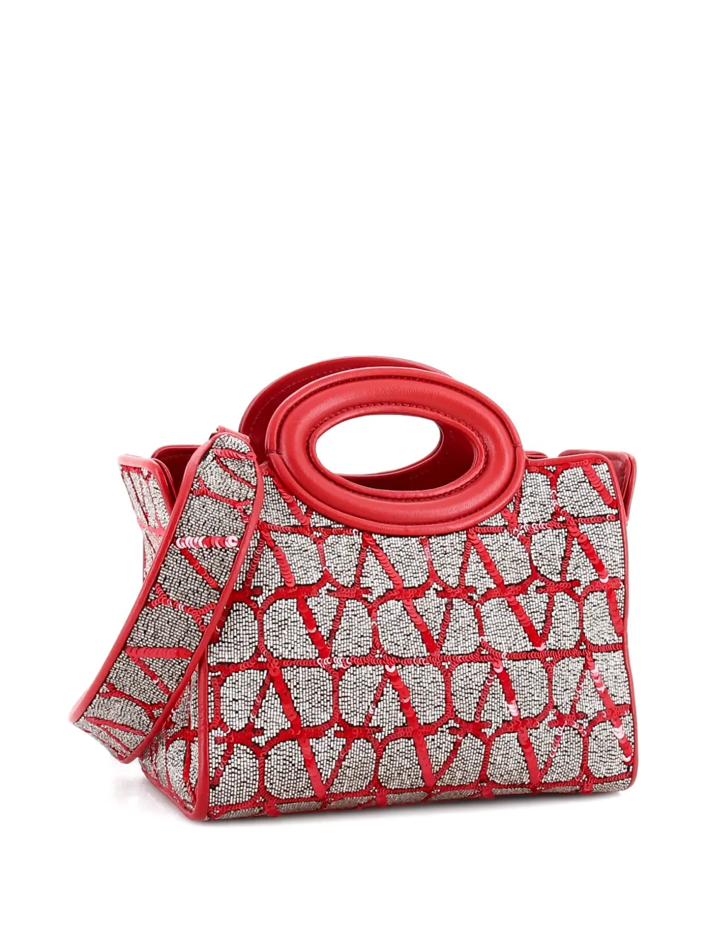Pre-owned Valentino Garavani Le Troisieme Beaded Iconograph Fabric With Leather Mini Tote Bag In Red