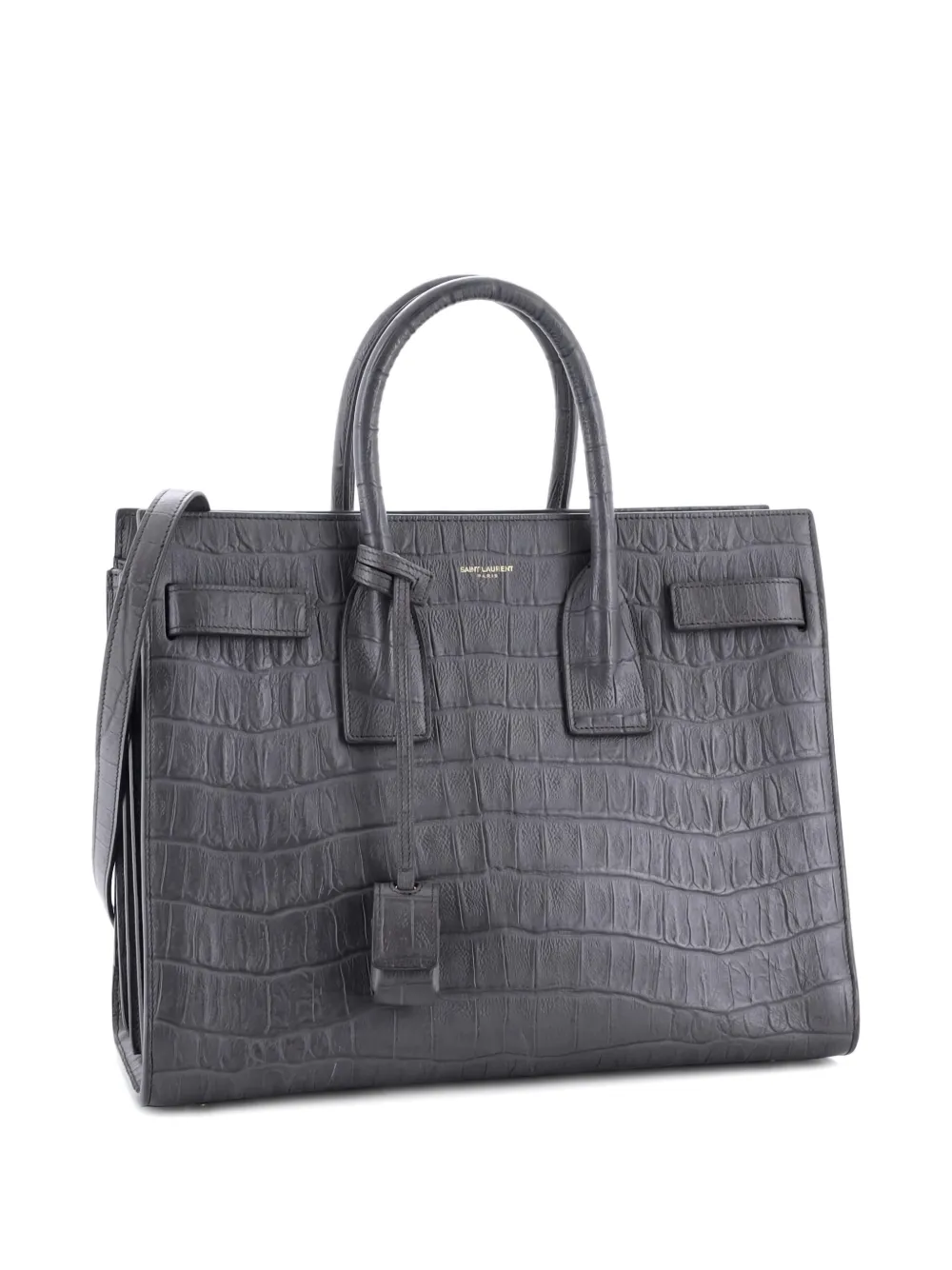 Pre-owned Saint Laurent Sac De Jour Nm Bag Crocodile Embossed Leather Small Satchel In Gray
