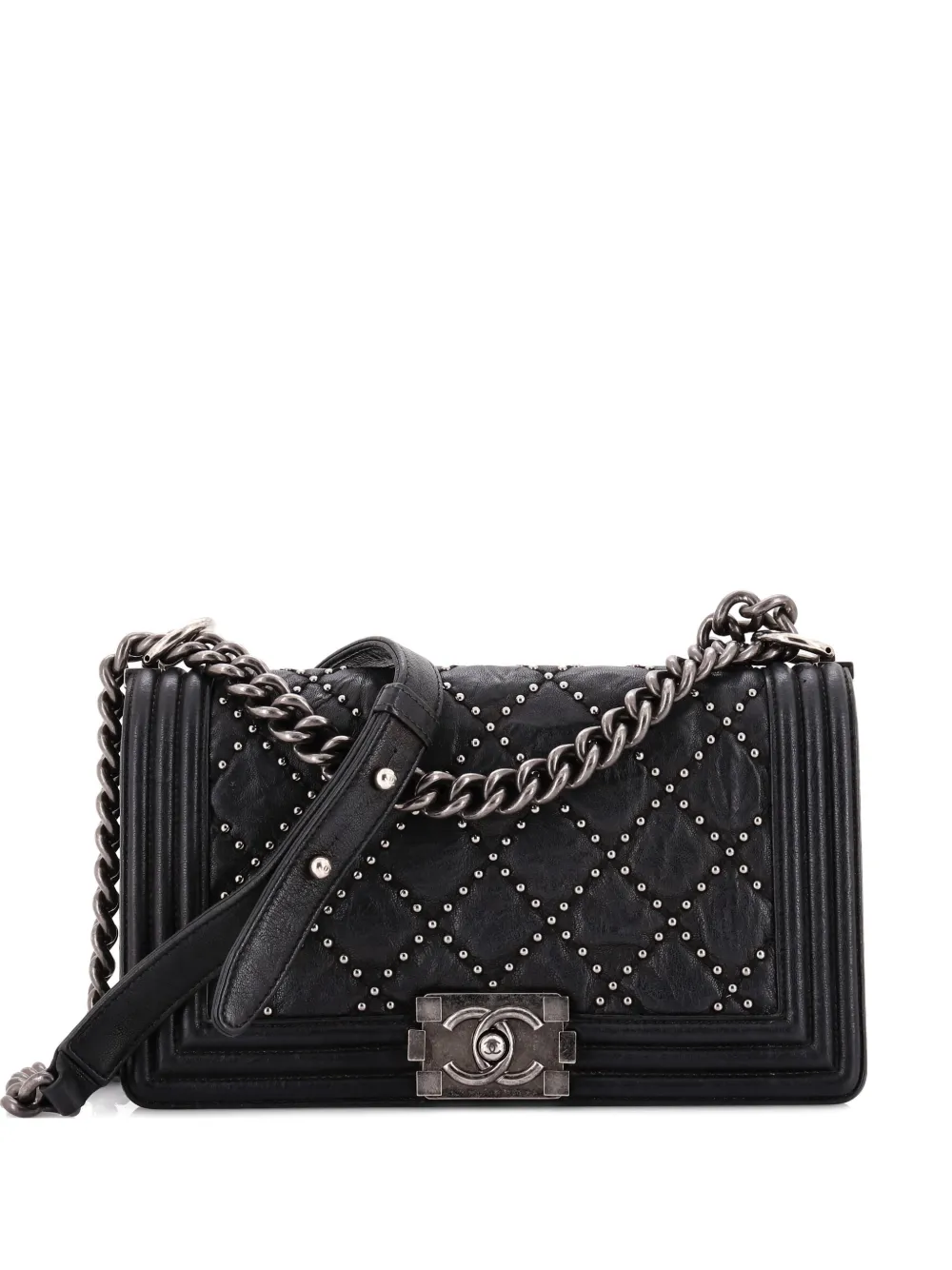Pre-owned Chanel Boy Flap Bag Studded Quilted Distressed Calfskin Old Medium Shoulder Bag In Black