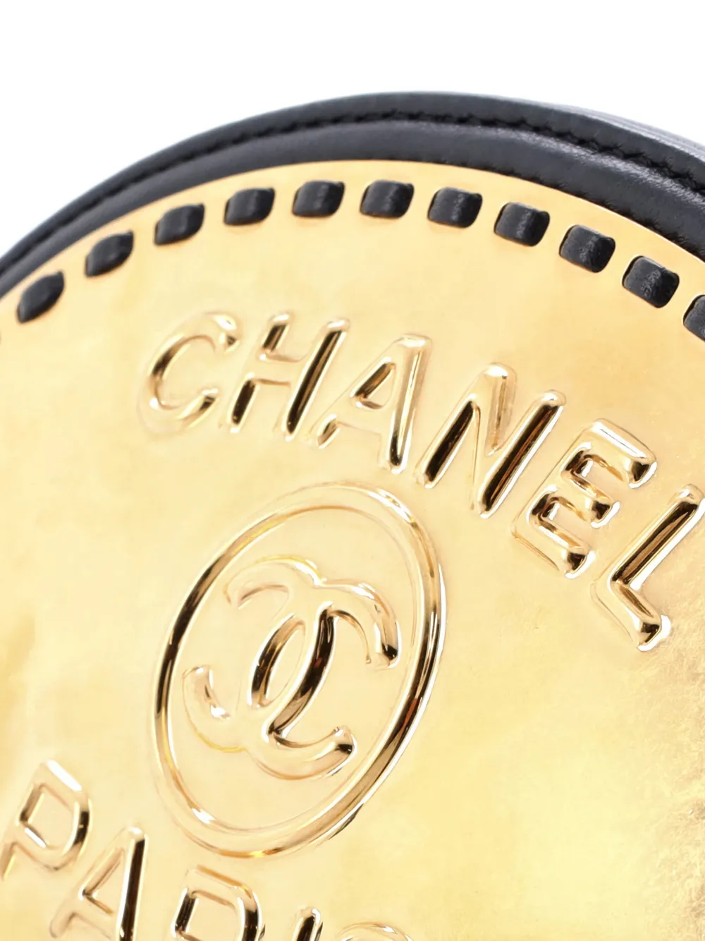 Pre-owned Chanel Logo Plate Oval Clutch With Chain Metal And Lambskin Shoulder Bag In Black