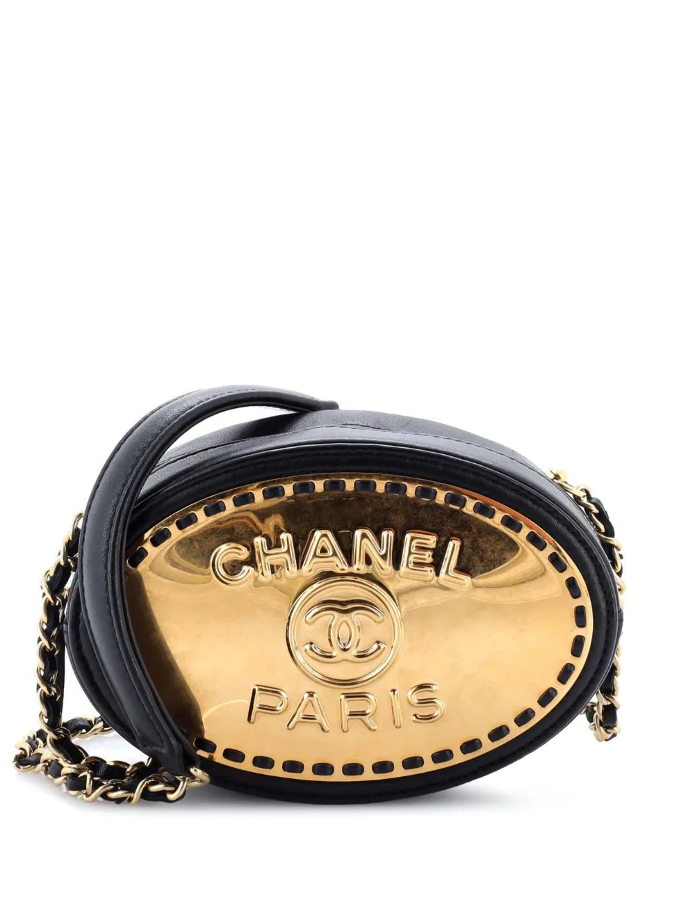 CHANEL Pre-Owned Logo Plate Oval Clutch With Chain Metal and Lambskin shoulder bag - Nero