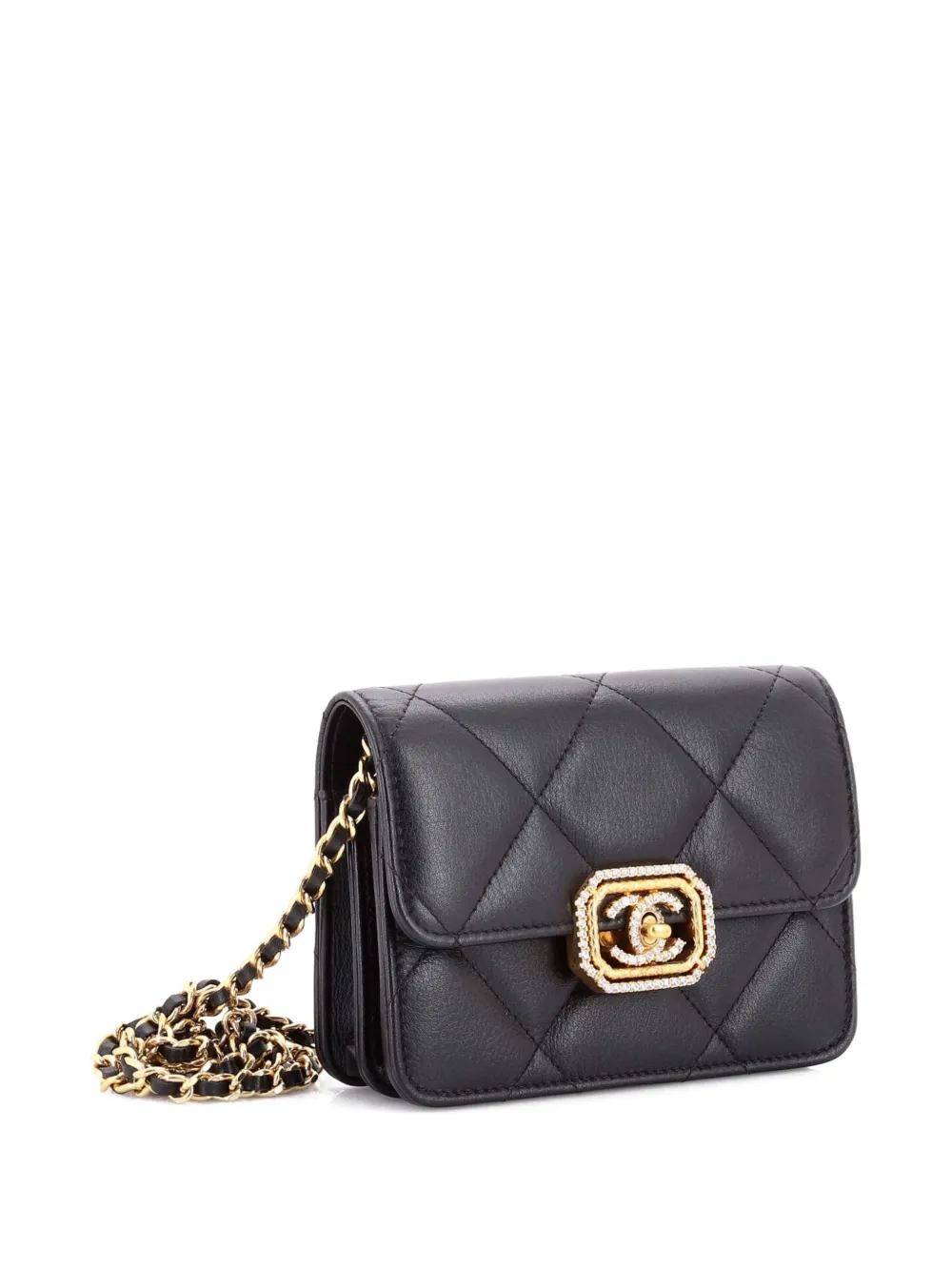  Chanel Pre-owned Crystal Geometric Frame Cc Clutch With Chain Quilted Calfskin Crossbody Bag - Black 