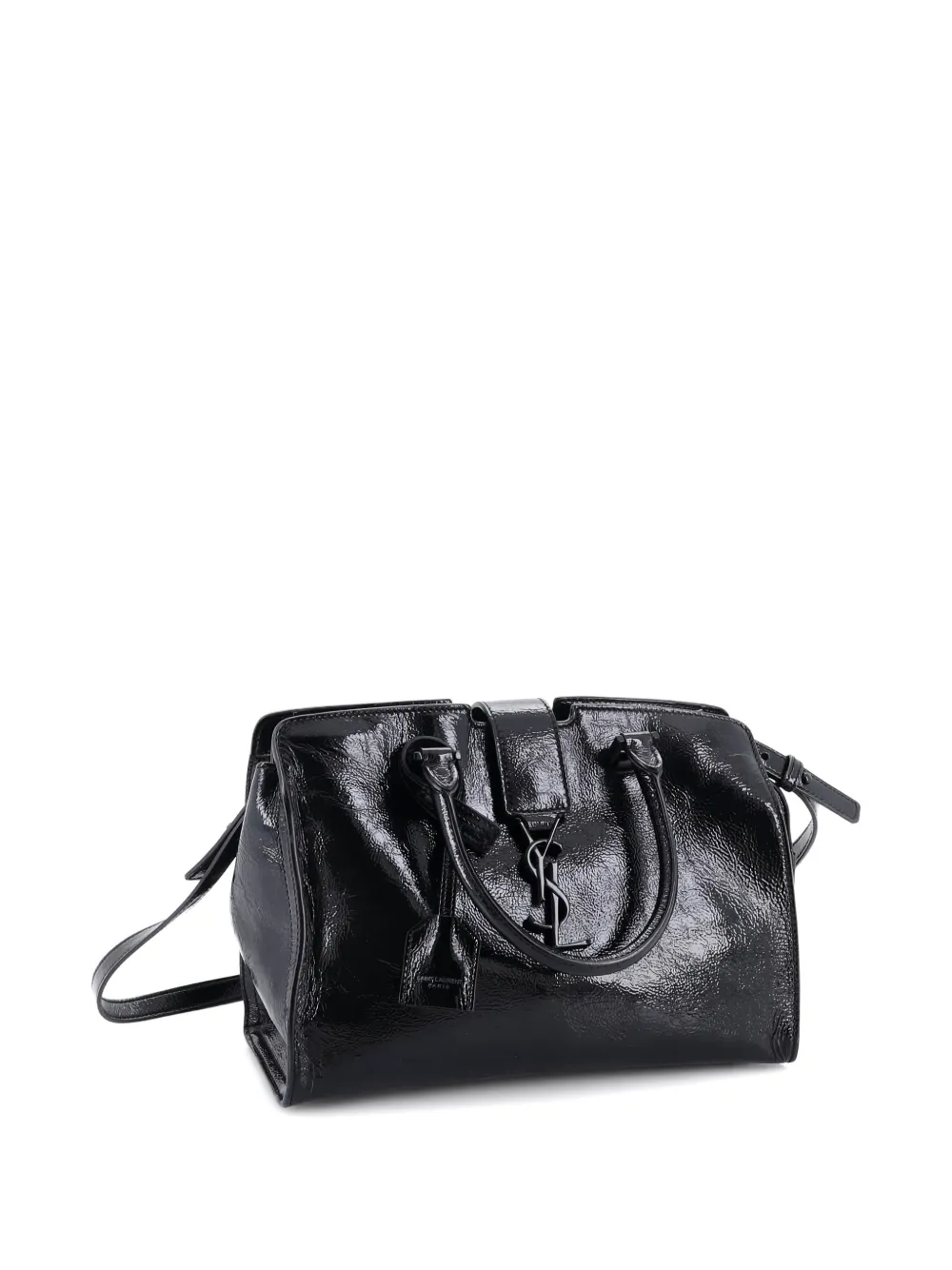 Pre-owned Saint Laurent Monogram Cabas Patent Baby Satchel In Black