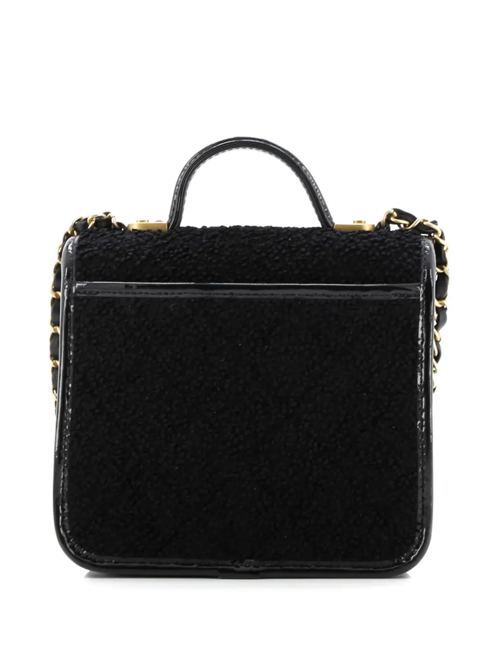 Pre-owned Chanel School Memory Top Handle Flap Bag Quilted Tweed With Patent Mini Shoulder Bag In Black