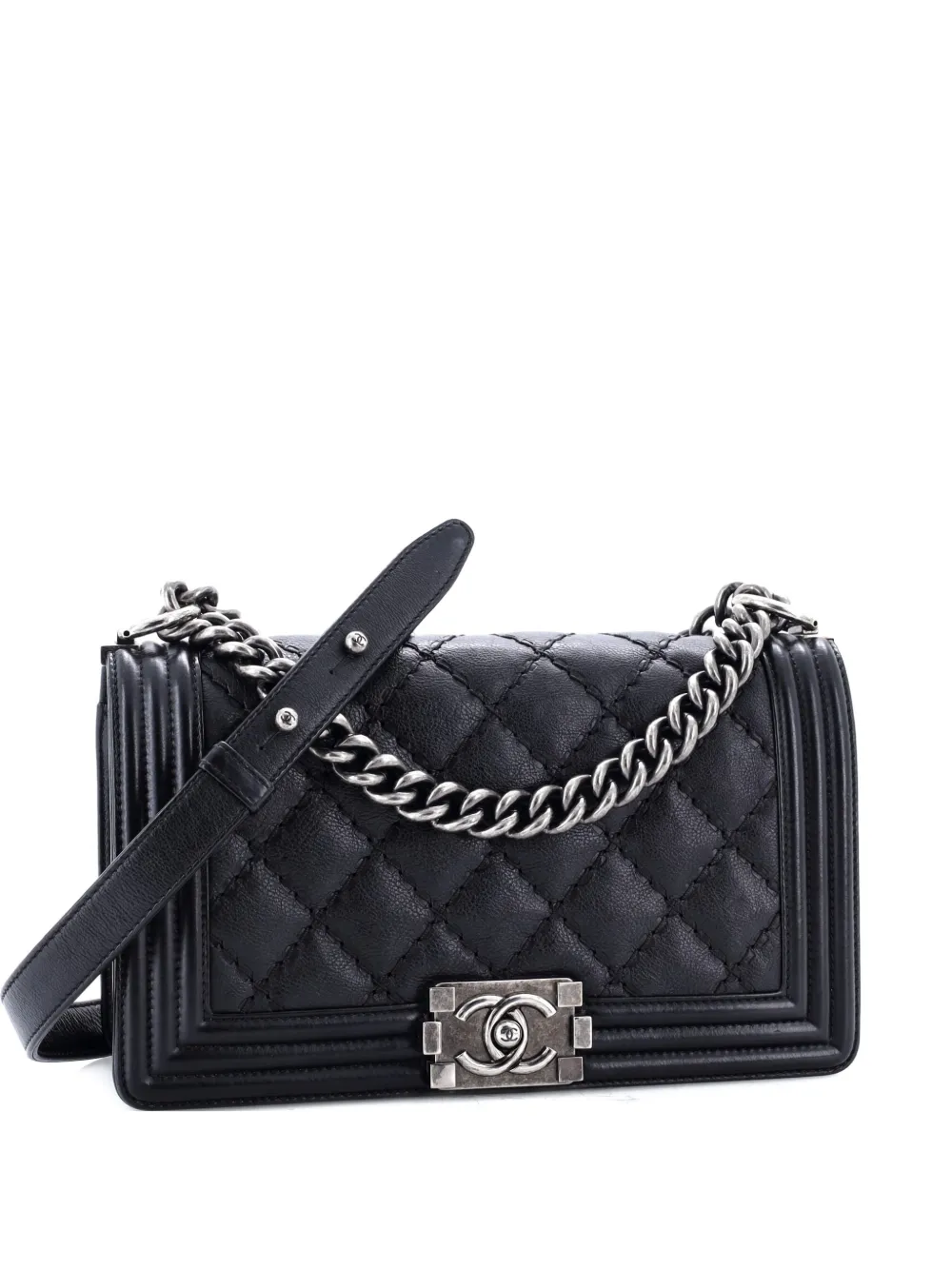 Pre-owned Chanel Stitch Boy Flap Bag Quilted Calfskin New Medium Shoulder Bag In Black