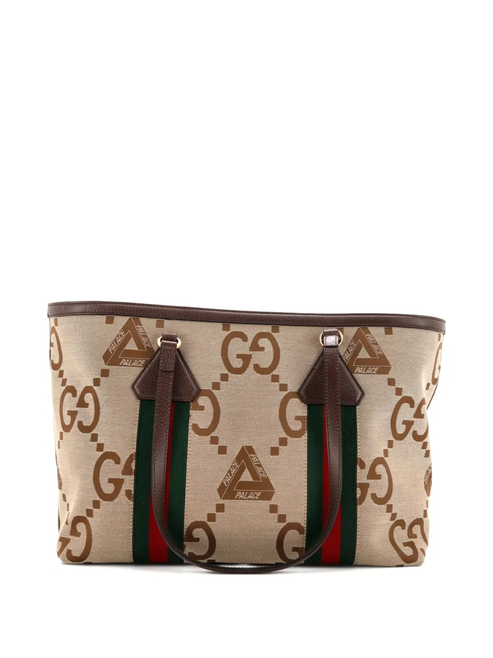 Pre-owned Gucci X Palace Web Shopper Jumbo Gg Tri-ferg Logo Canvas Medium Tote Bag In Brown