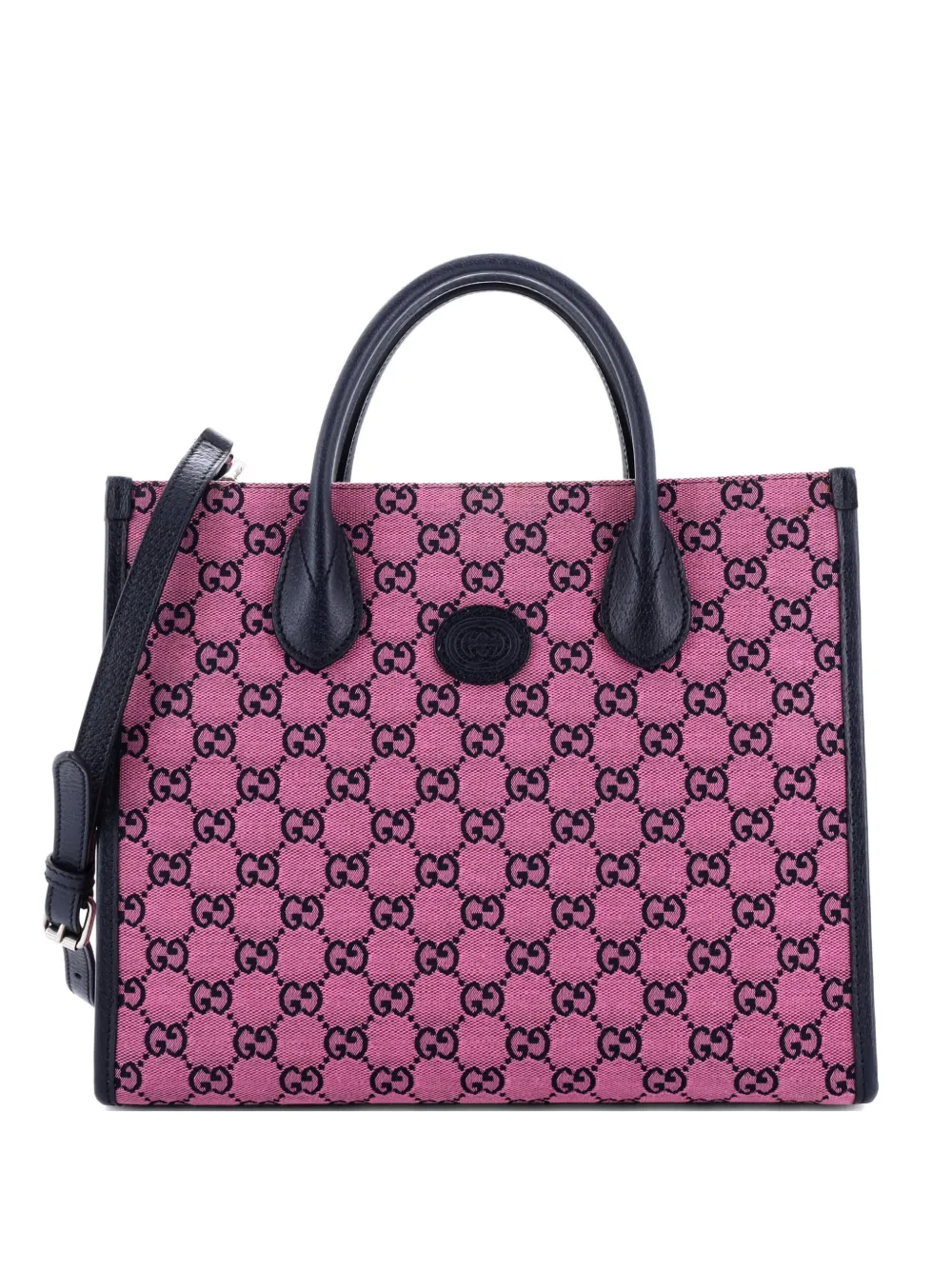 Pre-owned Gucci Structured Top Handle Open Tote Gg Canvas Small Shoulder Bag In Blue