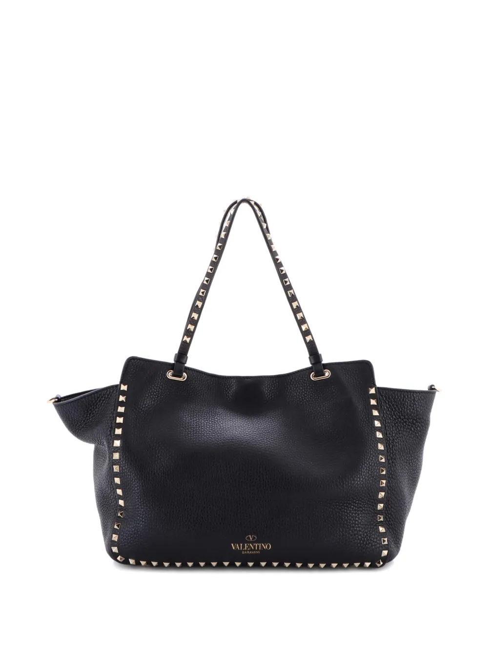 Pre-owned Valentino Garavani Rockstud Pebbled Leather Medium Tote Bag In Black