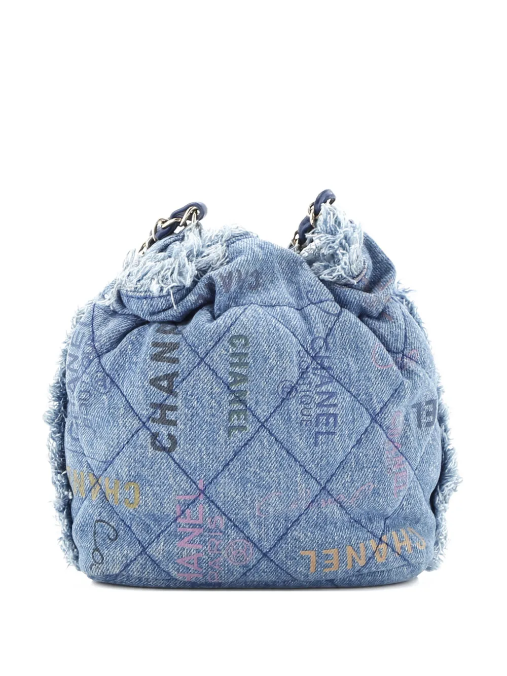 Pre-owned Chanel Denim Mood Chain Logo Printed Quilted Fringe Denim Medium Bucket Bag In Blue