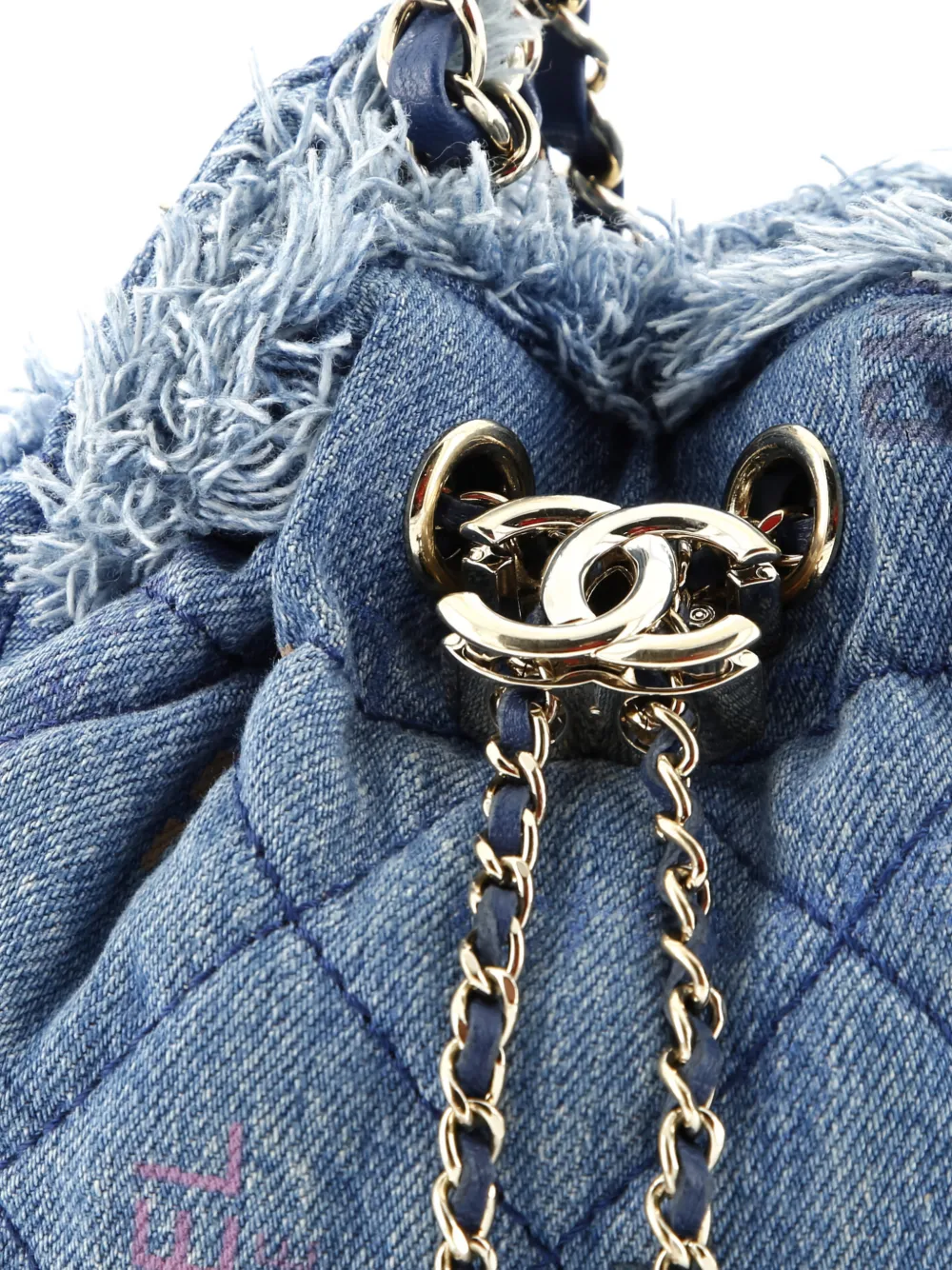 Pre-owned Chanel Denim Mood Chain Logo Printed Quilted Fringe Denim Medium Bucket Bag In Blue