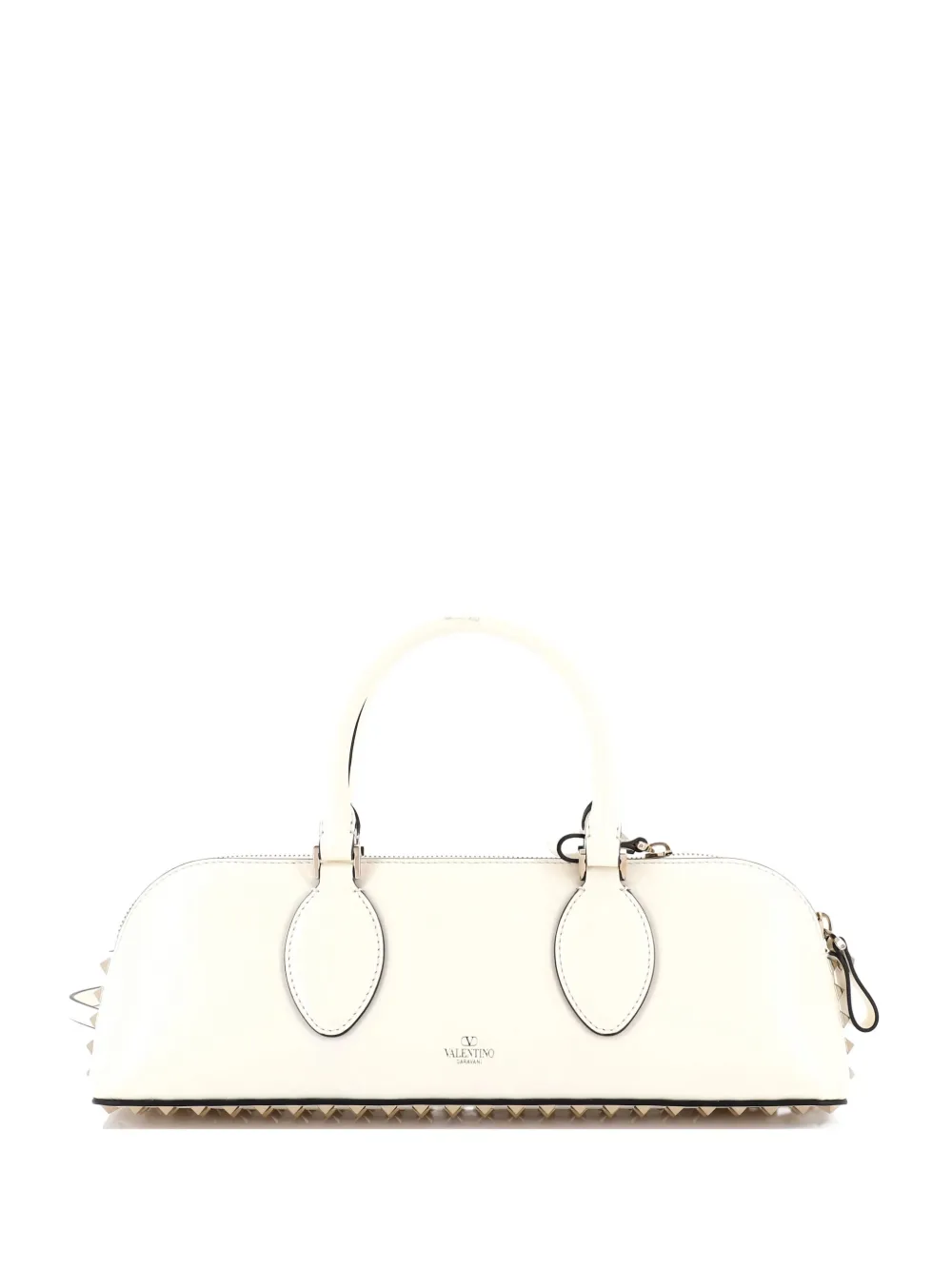 Pre-owned Valentino Garavani Rockstud Zip Up Top Handle Bag Leather East West Shoulder Bag In Neutral
