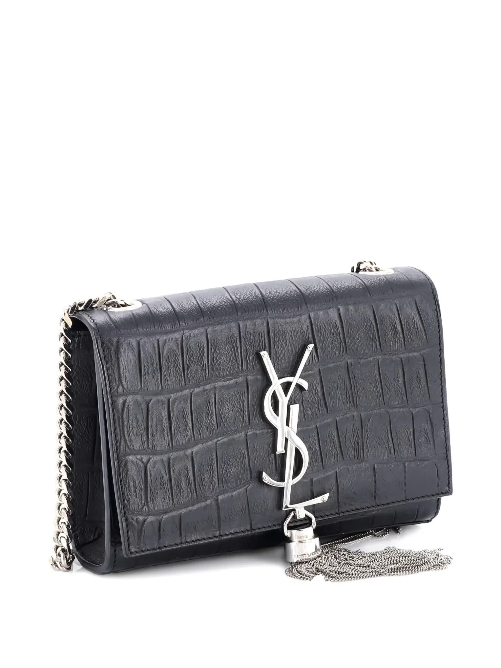 SAINT LAURENT Pre-owned Classic Monogram Tassel Crocodile Embossed Leather Small Crossbody Bag In Black