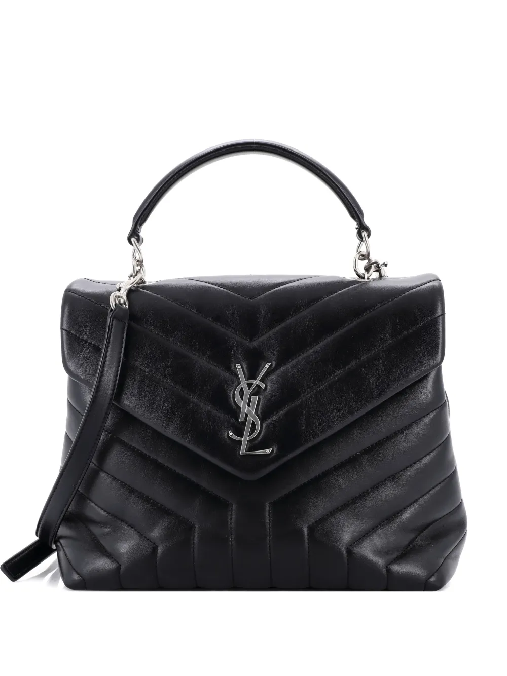 Pre-owned Saint Laurent Loulou Top Handle Bag Matelasse Chevron Leather Medium Shoulder Bag In Black