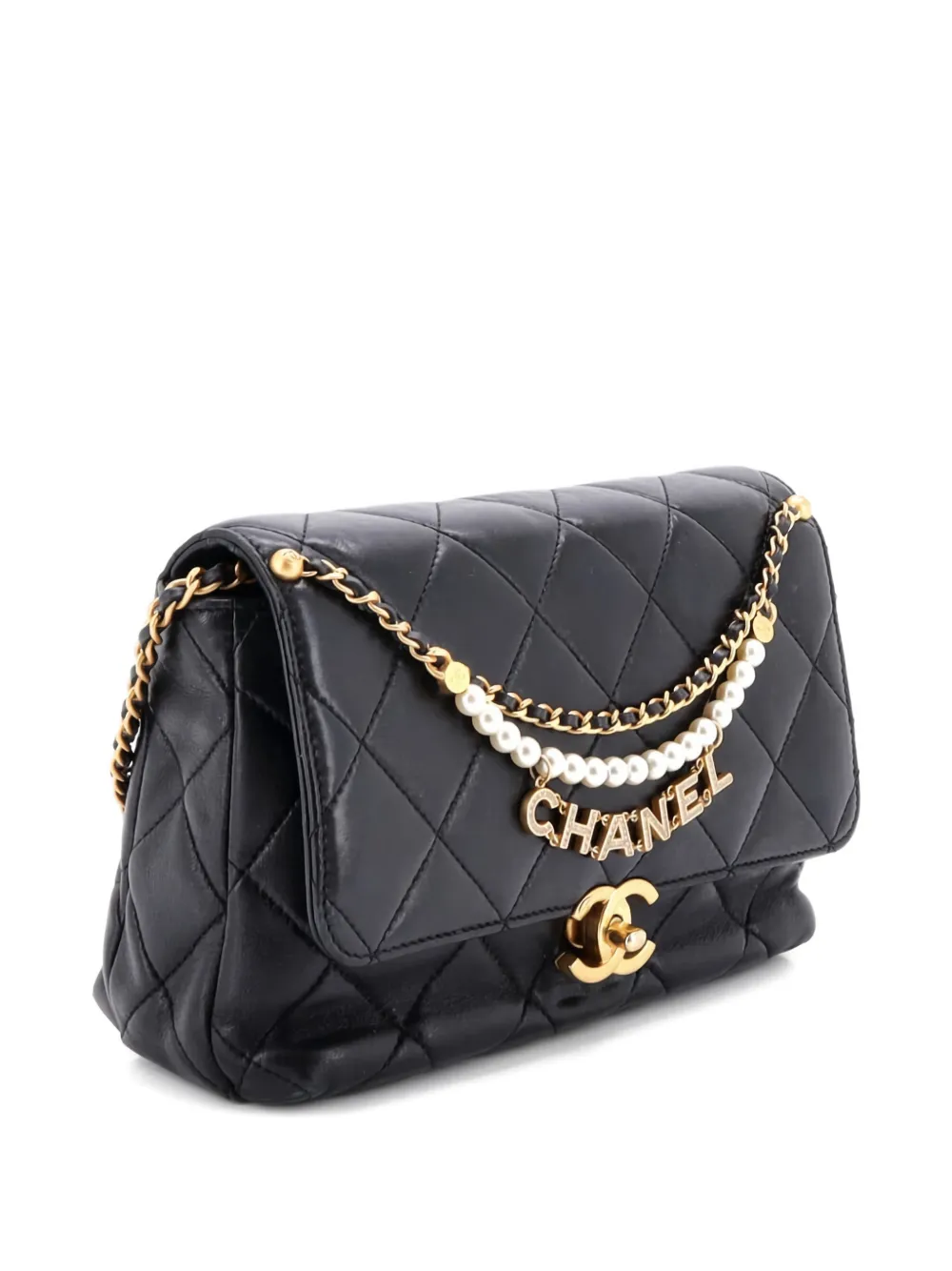 Pre-owned Chanel Logo Chains Flap Bag Quilted Lambskin With Faux Pearls And Crystals Small Shoulder Bag In Black