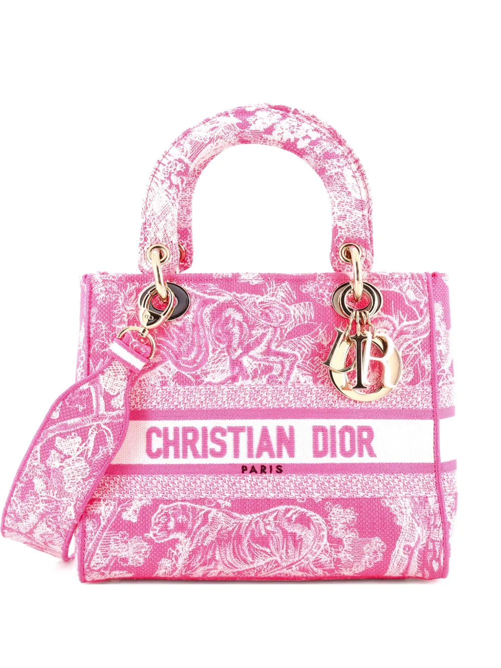 Pre-owned Dior Lady D-lite Bag Embroidered Canvas Medium Satchel In Pink