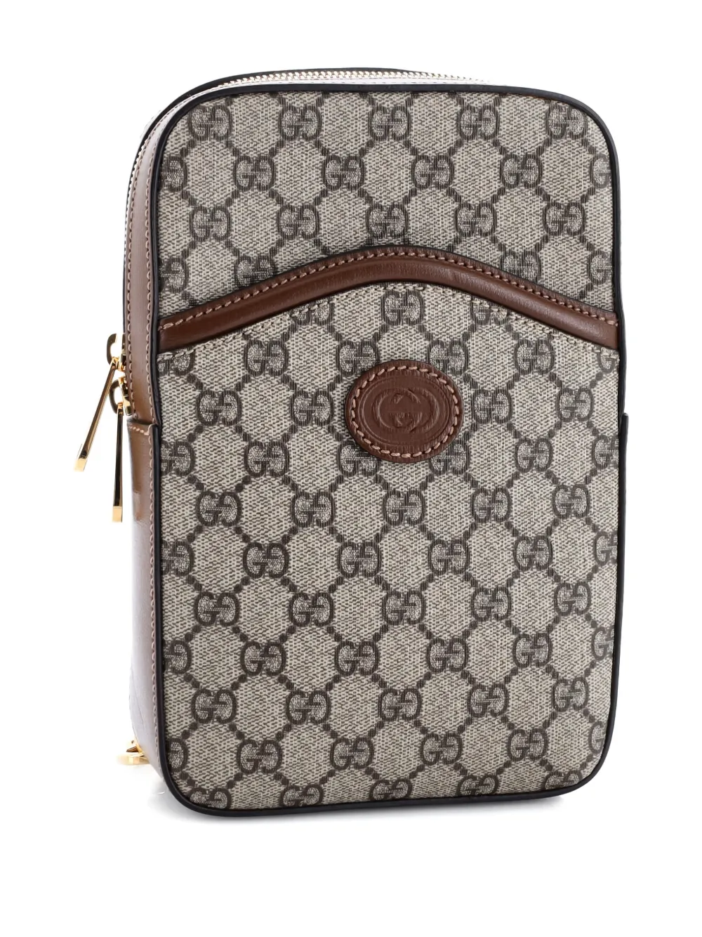 Pre-owned Gucci Interlocking G Patch Sling Bag Gg Coated Canvas Small Crossbody Bag In Brown