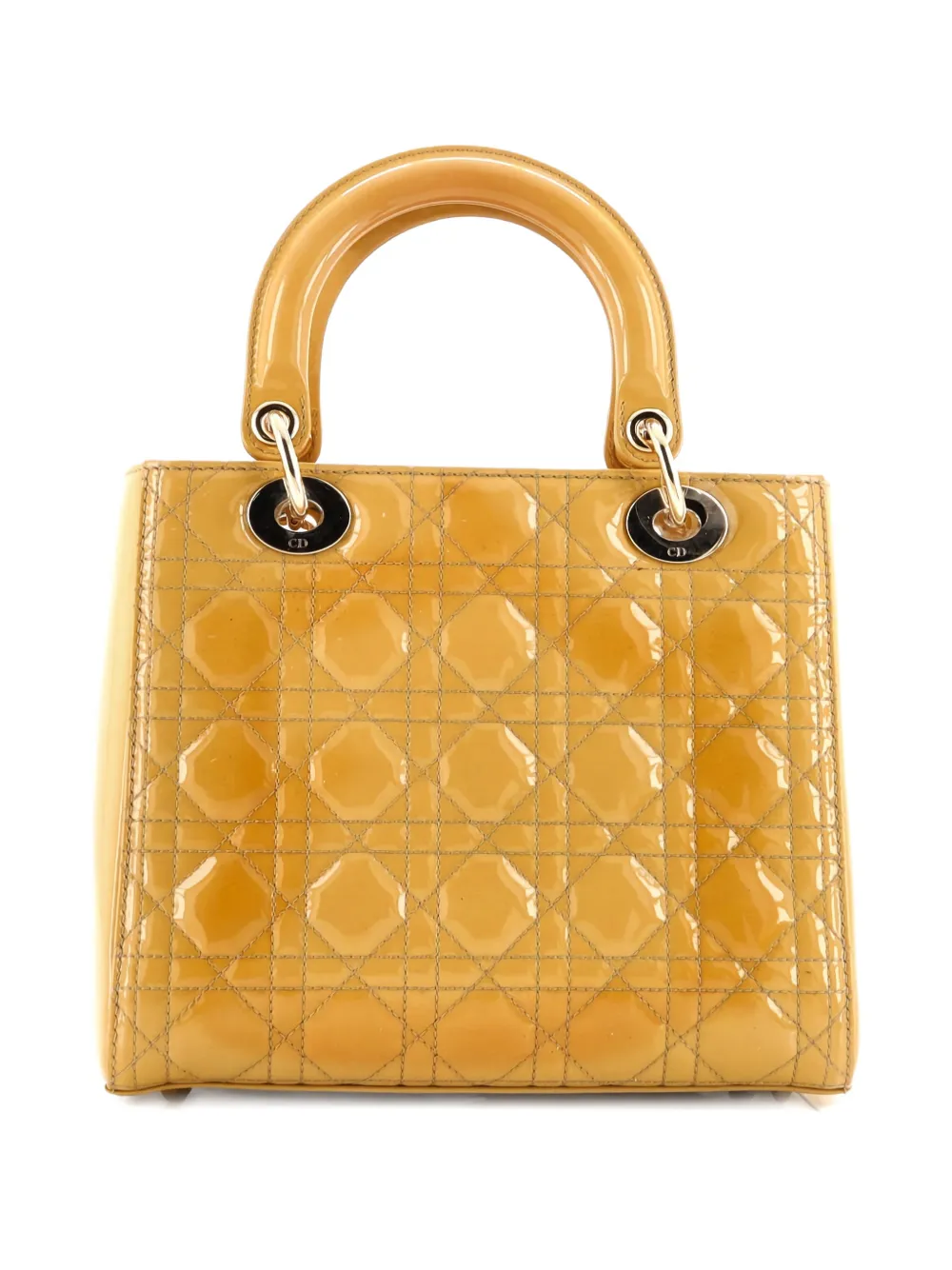 Pre-owned Dior Lady  Bag Cannage Quilt Patent Medium Satchel In Yellow