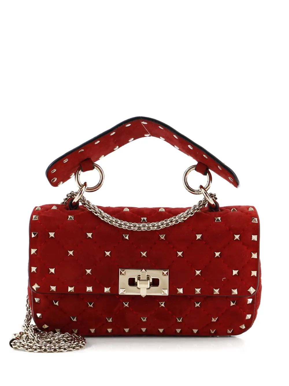 Pre-owned Valentino Garavani Rockstud Spike Flap Bag Quilted Suede Small Shoulder Bag In Red