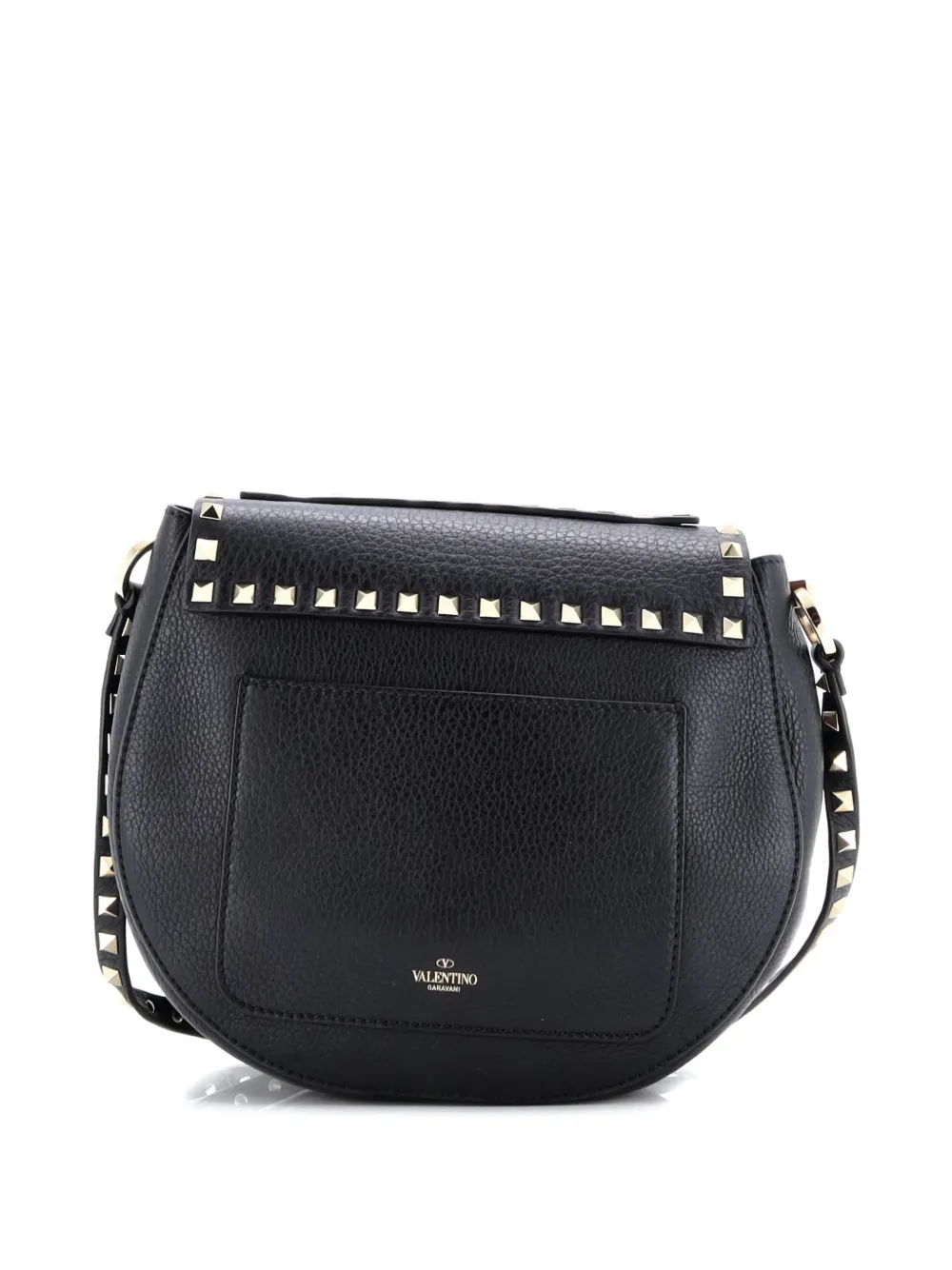 Pre-owned Valentino Garavani Rockstud Flip Lock Saddle Bag Leather Small Crossbody Bag In Black