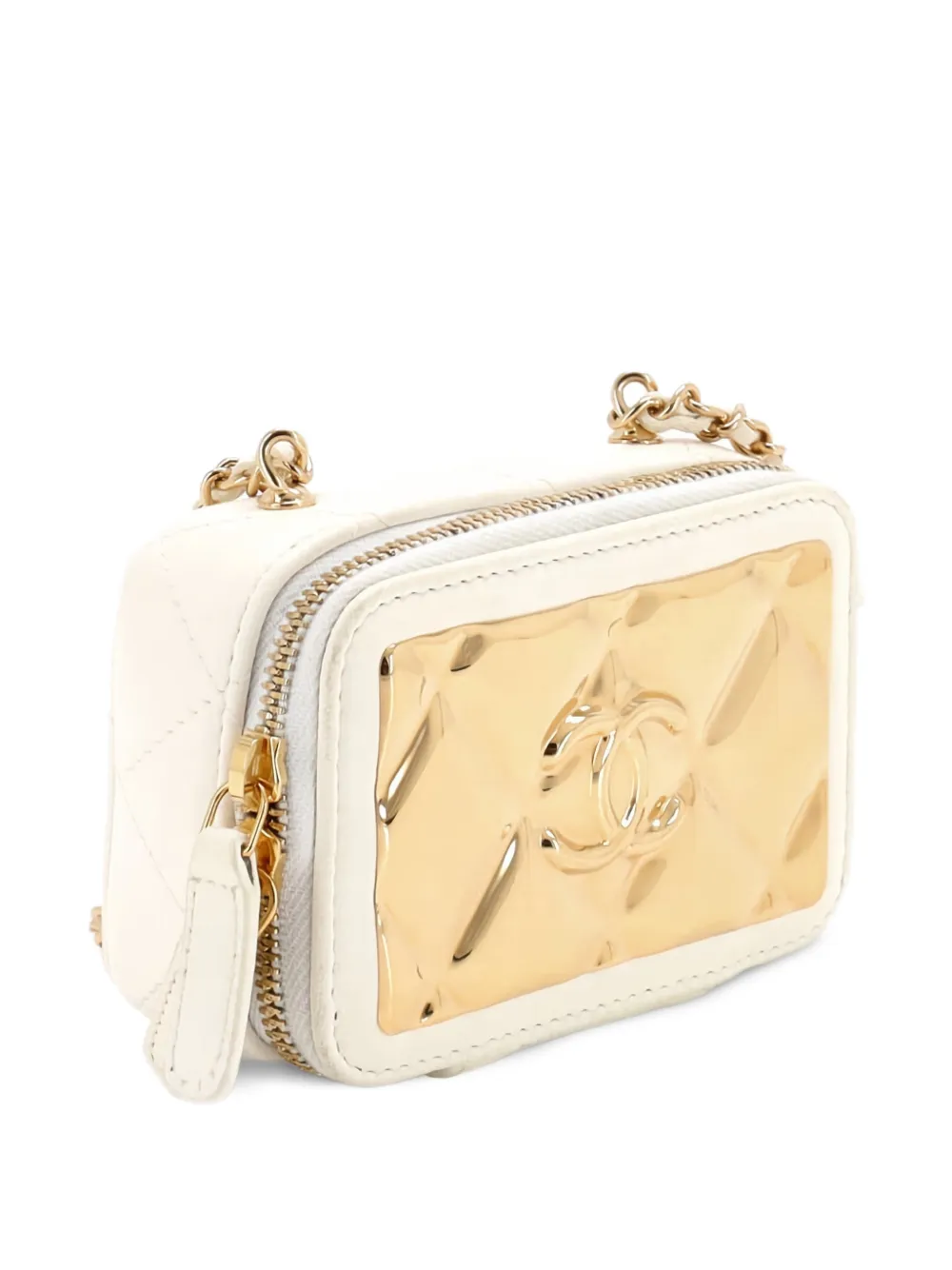 CHANEL Pre-Owned Golden Plate Zip Around Vanity Case with Chain Quilted Metal and Lambskin Extra Mini clutch bag - Bianco
