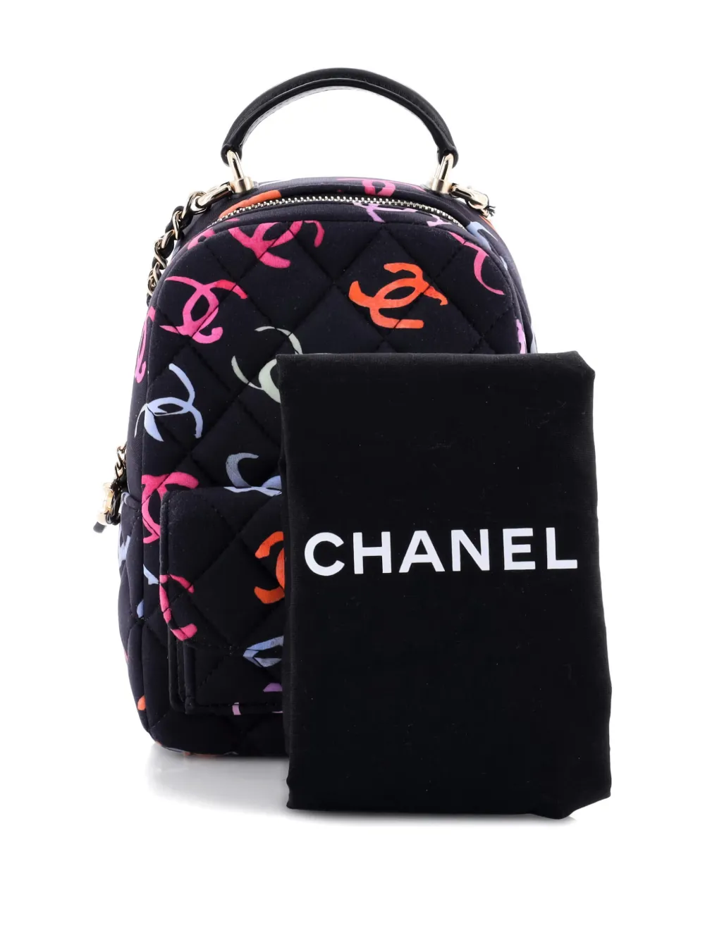 Pre-owned Chanel Classic Cc Chain Pocket Quilted Cc Printed Fabric Mini Backpack In Black