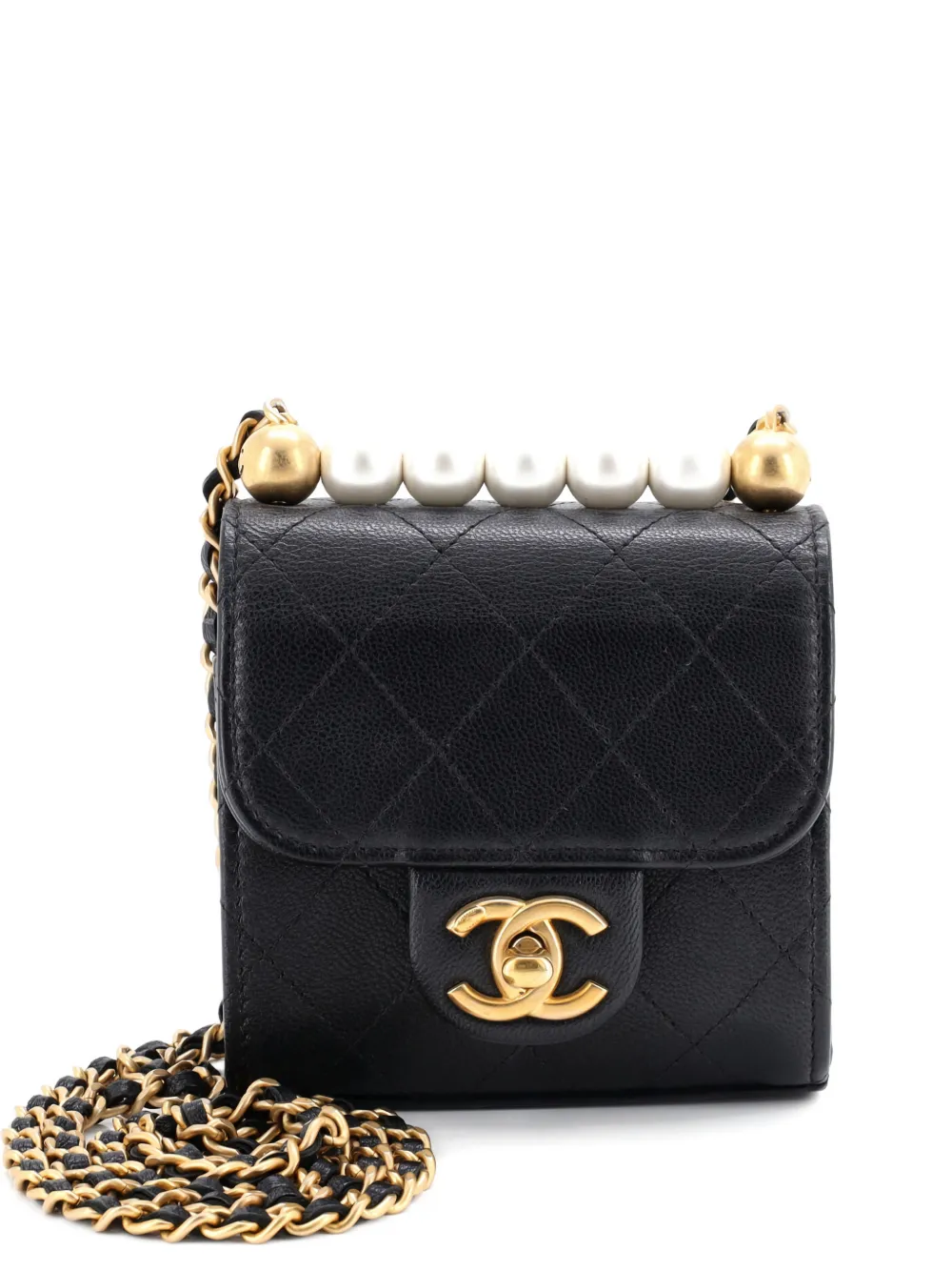 Pre-owned Chanel Chic Pearls Flap Clutch With Chain Quilted Goatskin Mini Crossbody Bag In Black