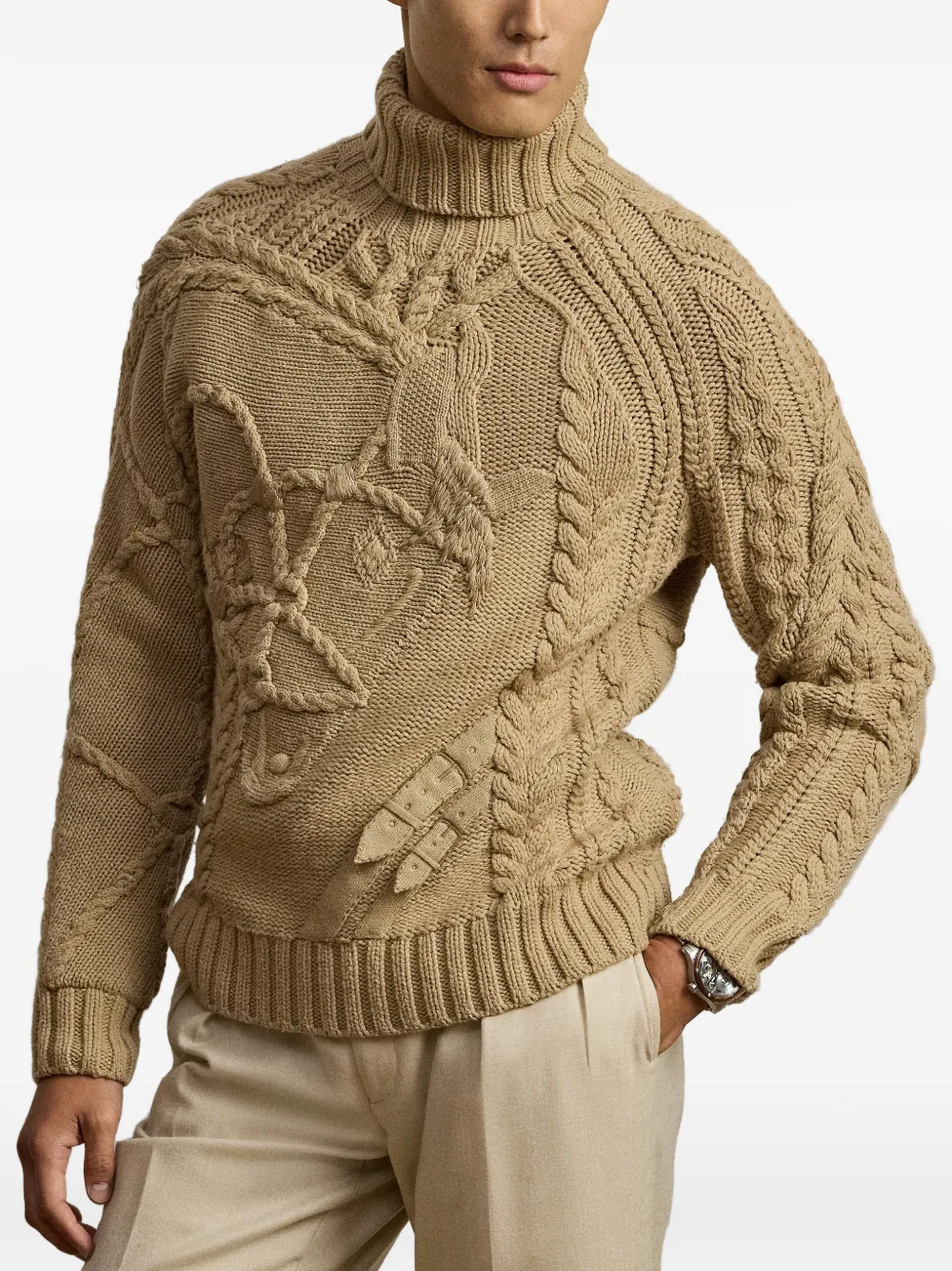 Ralph Lauren Purple Label Kabelgebreide trui met ruiterpatroon Beige