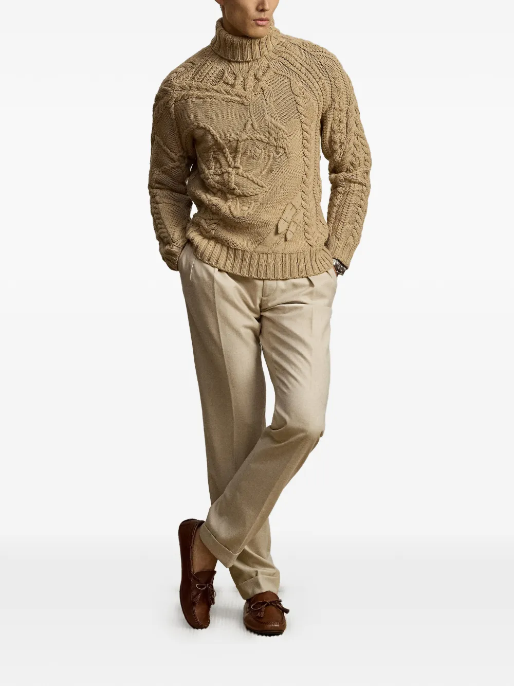 Ralph Lauren Purple Label Kabelgebreide trui met ruiterpatroon Beige