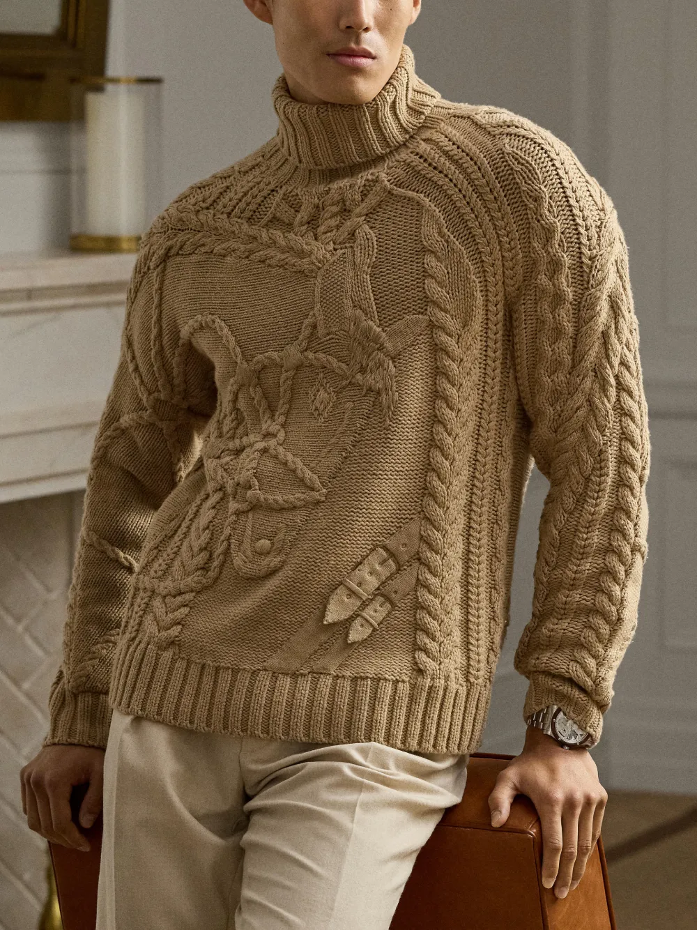 Ralph Lauren Purple Label Kabelgebreide trui met ruiterpatroon Beige
