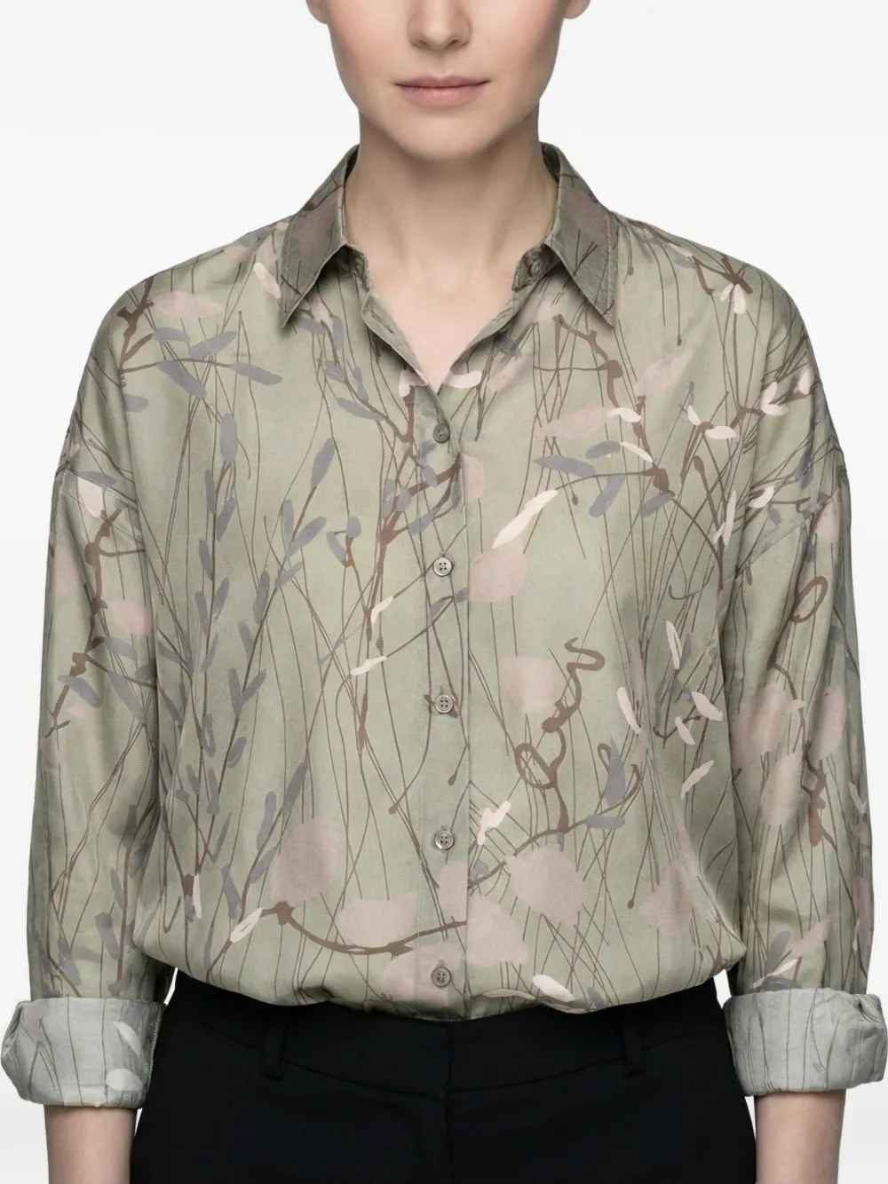 Brunello Cucinelli leaf-print silk shirt - Grün