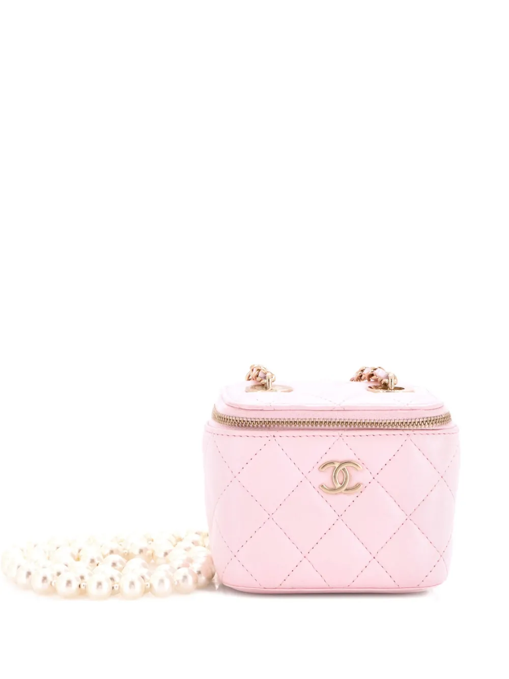 Pre-owned Chanel Vanity Case With Pearl Chain Quilted Lambskin Mini Clutch Bag In Pink