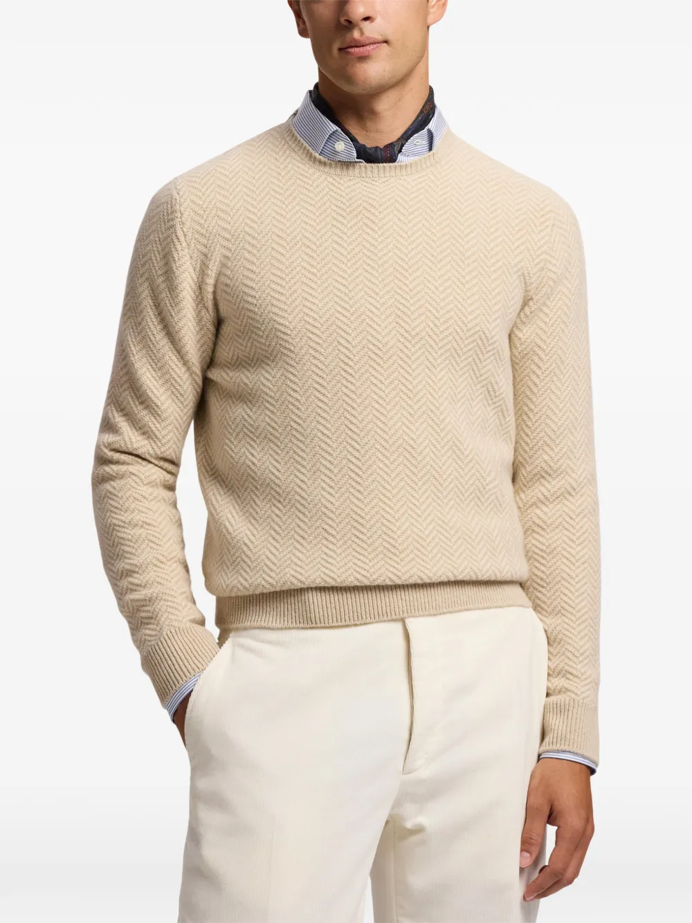 Ralph Lauren Purple Label Kasjmier trui met visgraatpatroon Beige