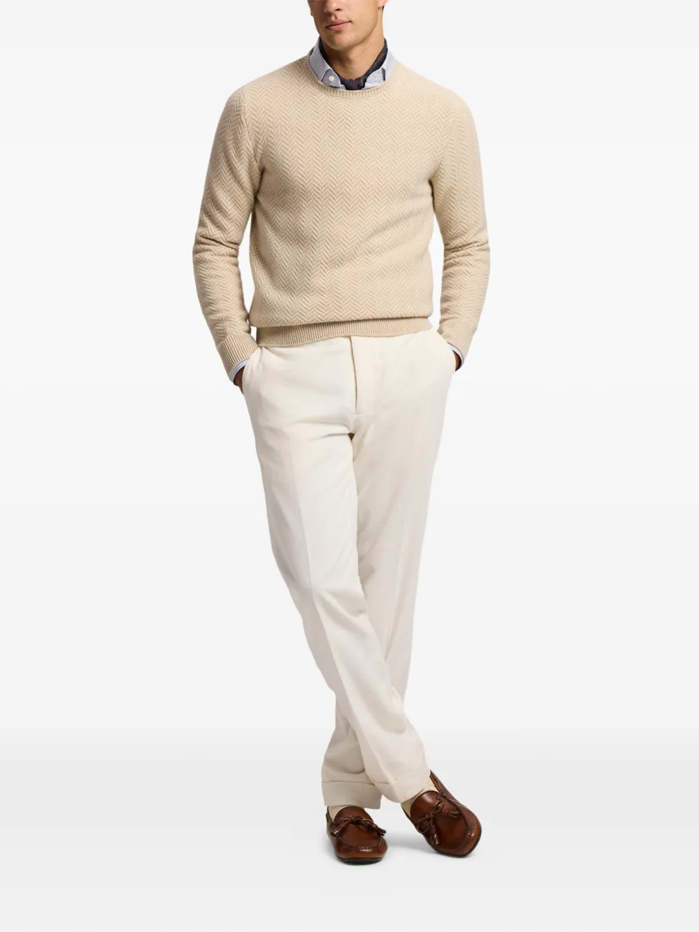 Ralph Lauren Purple Label Kasjmier trui met visgraatpatroon Beige