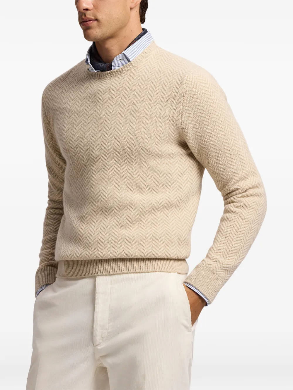 Ralph Lauren Purple Label Kasjmier trui met visgraatpatroon Beige