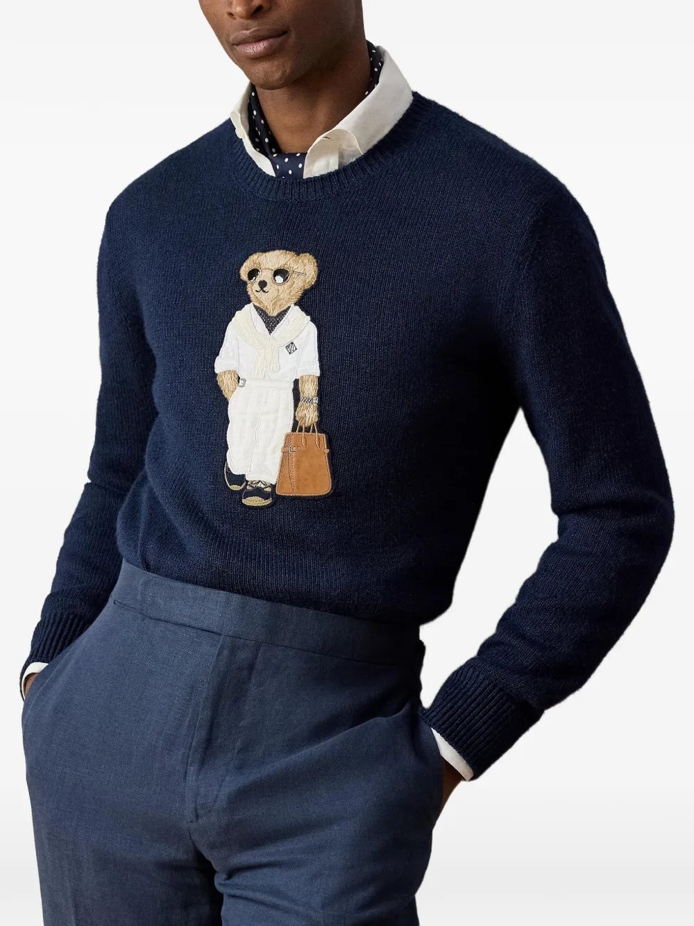 Ralph Lauren Purple Label Trui met beer-applicatie en ronde hals Blauw