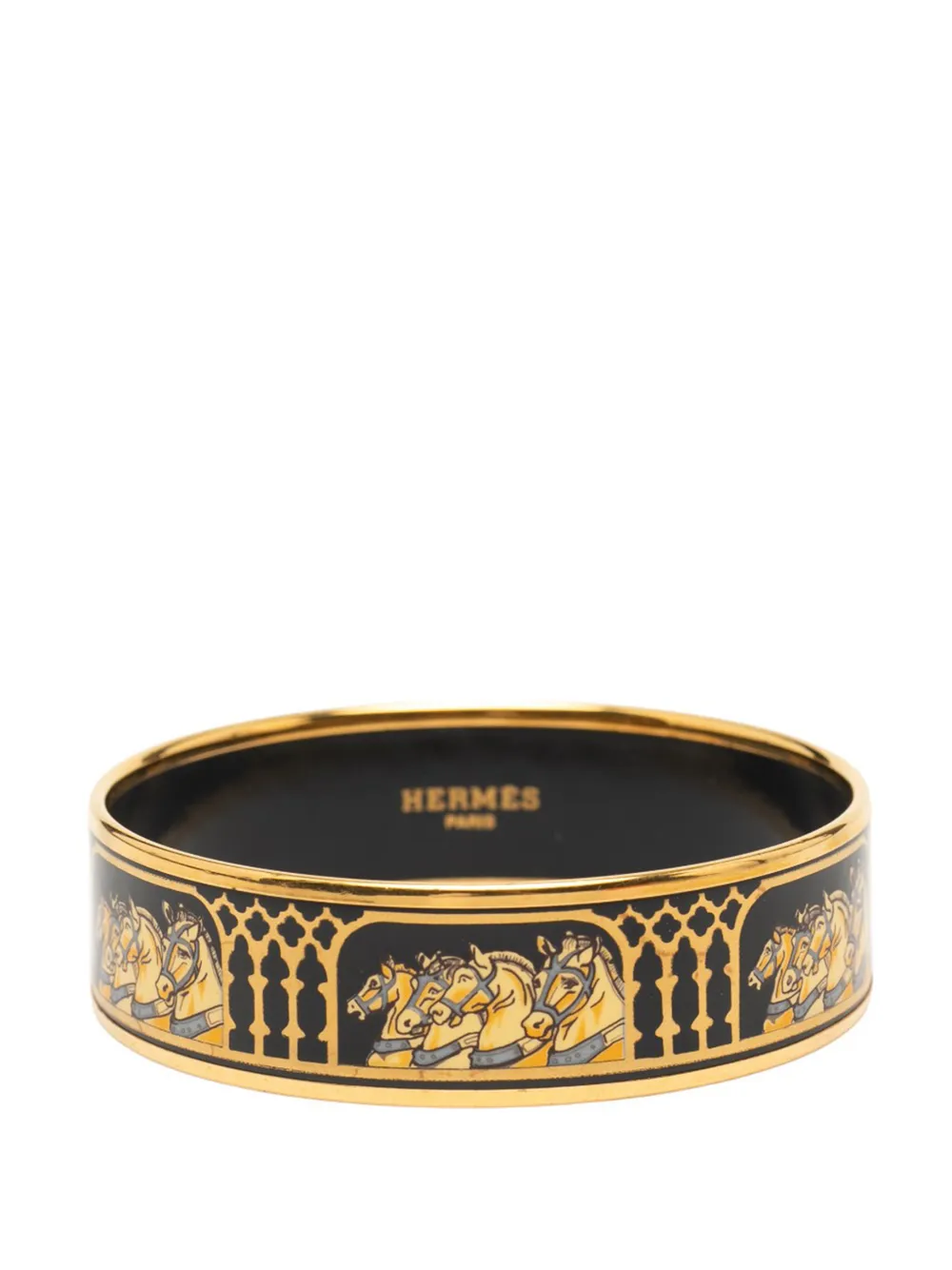 Pre-owned Hermes 2000-2020 Wide Grand Apparat Enamel Bangle 65 Costume Bracelet In Black