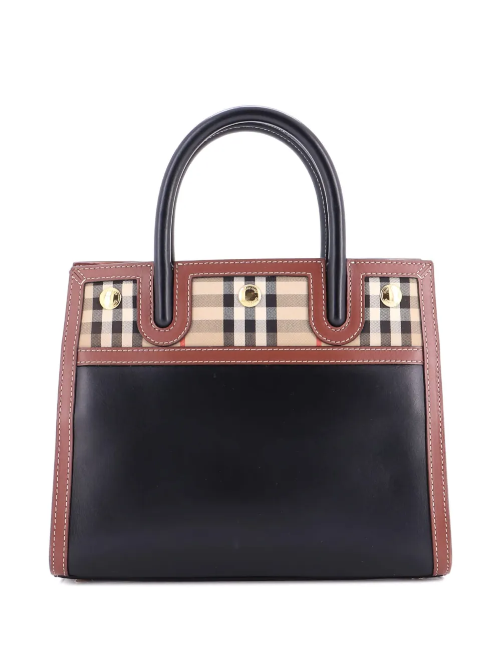 Pre-owned Burberry Title Two Handle Tote Leather With Vintage Check Canvas Mini Satchel In Black