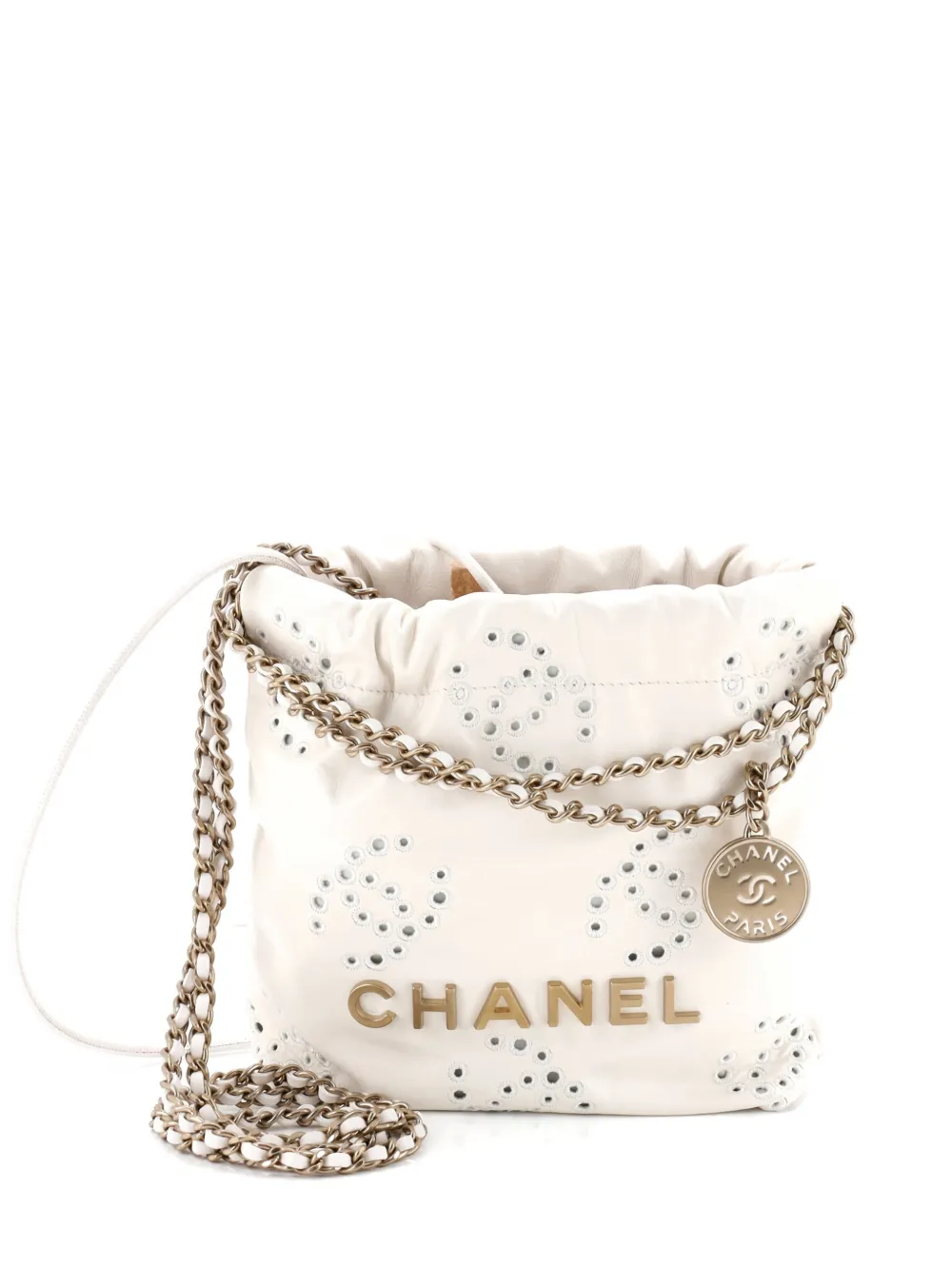 CHANEL Pre-Owned 22 Chain Hobo CC Eyelet Embroidered Calfskin Mini crossbody bag - Bianco